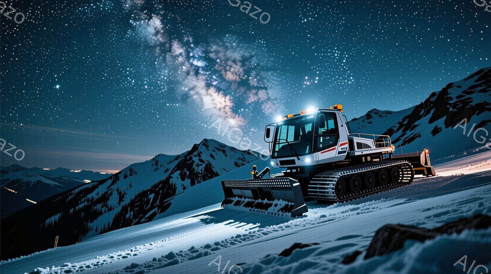 雪深い山々の斜面を、大型の除雪車がゆっくりと進んでいる様子が描かれています。夜空には天の川が輝き、遠くの山並みには街の明かりが灯り、静寂で幻想的な雰囲気を醸し出しています。雪原は真っ白で、除雪車のオレンジ色のライトが暖かく光を放ち、冬の夜の静けさを強調しています。