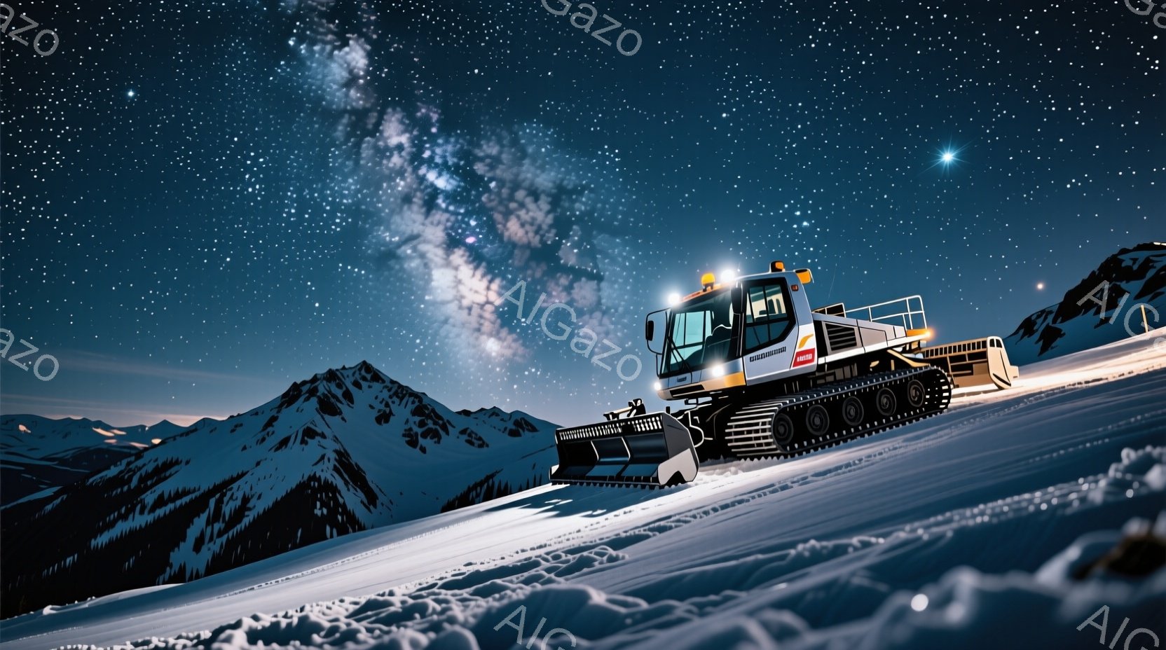 雪深い山々の風景の中に、大型の雪上車が描かれています。夜空には天の川が輝き、雪面に映る光が幻想的な雰囲気を醸し出しています。雪上車は急な斜面を力強く登っており、周囲の山々とのコントラストが印象的です。