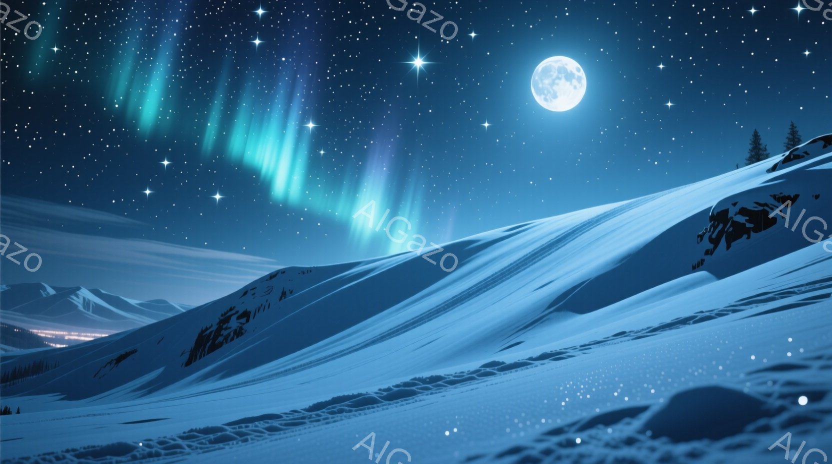 凍てつくような雪景色が広がり、遠くには雪に覆われた山々が連なっている。夜空には満月が輝き、オーロラが緑色の光の帯となって空を彩っている。雪原にはスキーヤーの軌跡が見られ、静寂の中、自然の雄大さと幻想的な雰囲気が漂っている。