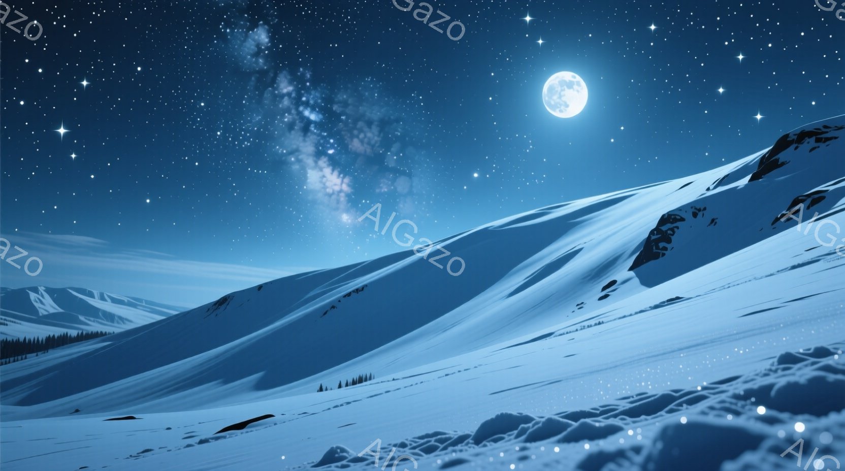 広大な雪景色が広がり、月明かりと星空が幻想的な雰囲気を醸し出しています。雪に覆われた山々は穏やかな曲線を描き、遠景には針葉樹林が見えます。空には天の川が流れ、まるで静寂の世界に包まれているかのようです。