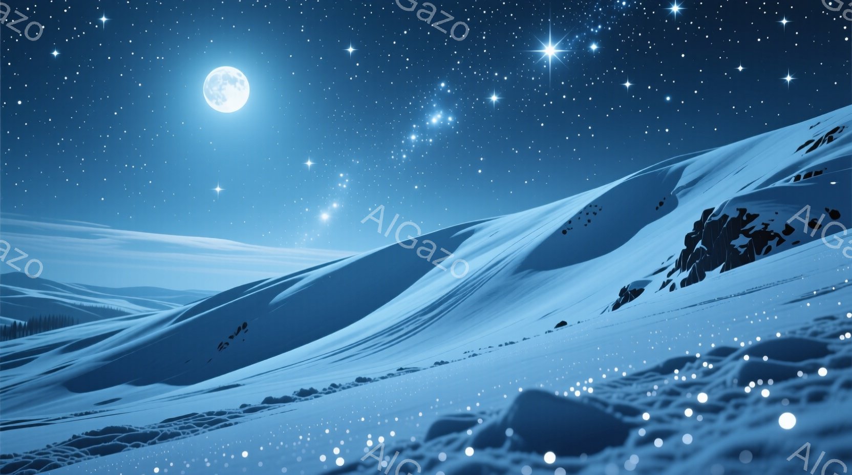 凍てつくような雪景色が広がり、遠くにはなだらかな雪山が連なっている。夜空には満月と無数の星が輝き、雪面には幻想的な光の粒が散りばめられている。全体的に静寂で神秘的な雰囲気が漂い、冬の夜の美しさを際立た - AI生成フリー素材