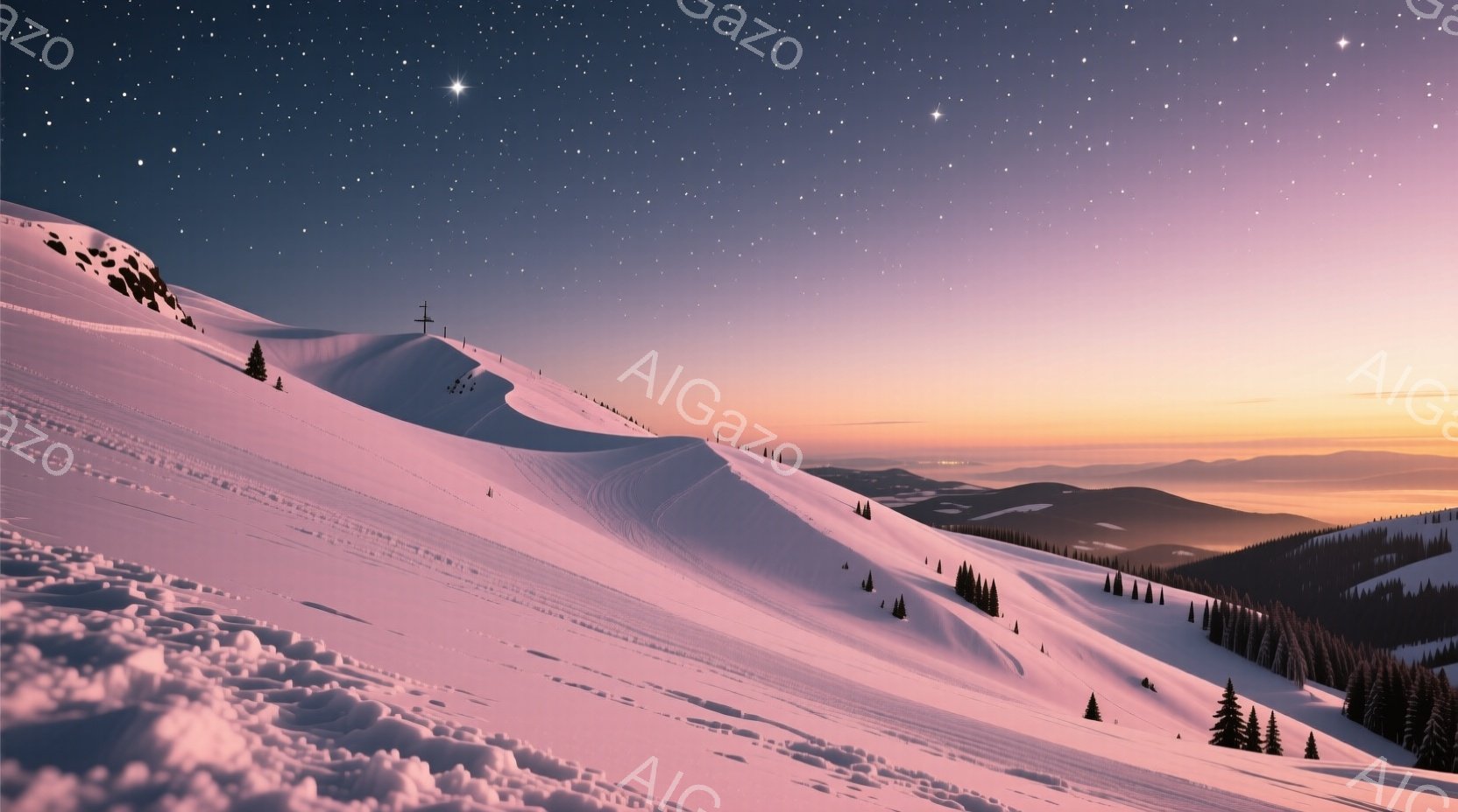 雪に覆われた山々が広がり、遠くには霞んだ山脈が連なっている。空は夕焼けの名残と星空が混ざり合い、幻想的な雰囲気を醸し出している。雪原には起伏があり、針葉樹が点在し、冬の静寂と壮大さを感じさせる。