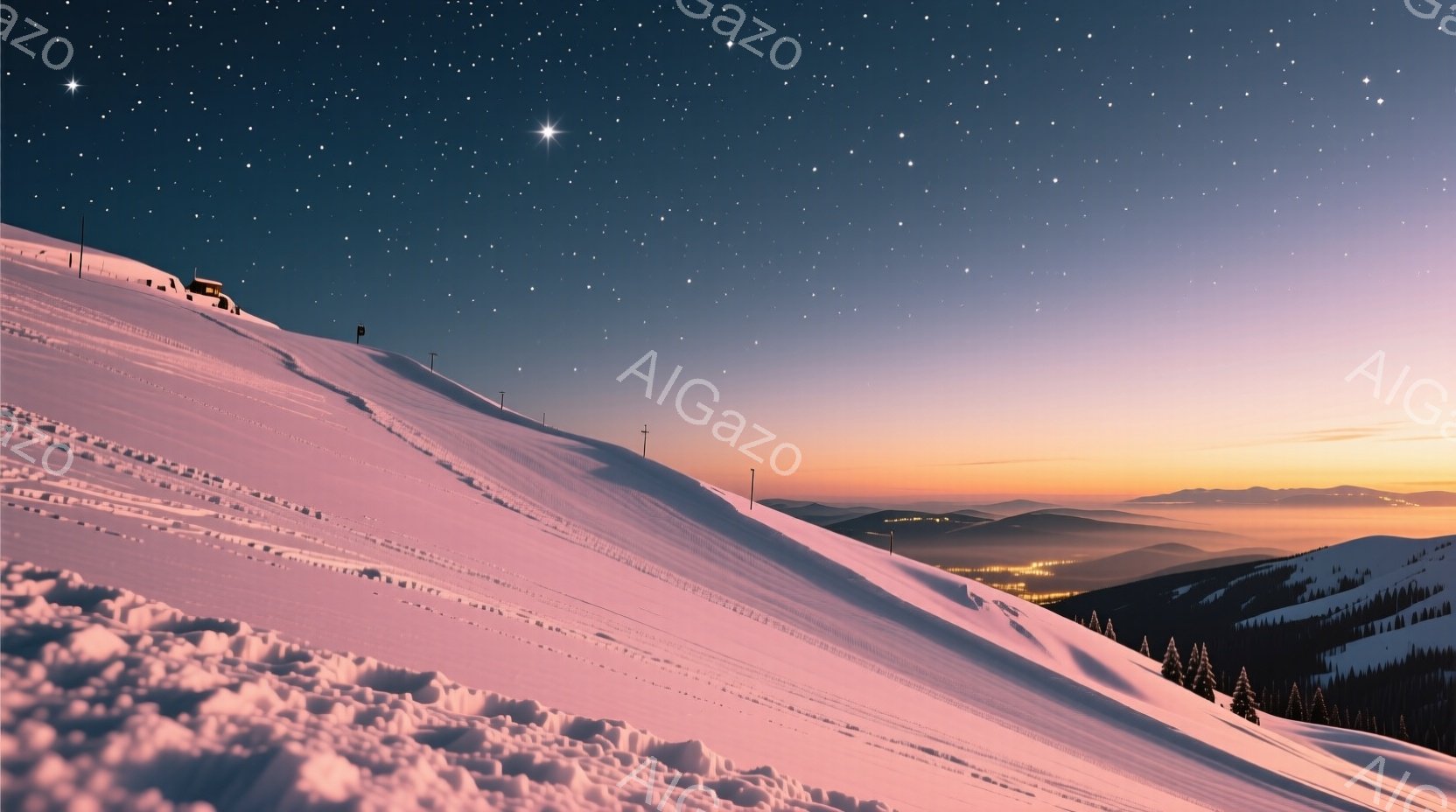 緩やかな雪山が広がり、スキー場跡が刻まれた斜面が印象的だ。遠景には霞んだ山並みが広がり、麓には街の灯りが小さく輝いている。夕暮れ時と思しき空には星が瞬き、静寂で幻想的な雰囲気が漂っている。 - AI生成フリー素材