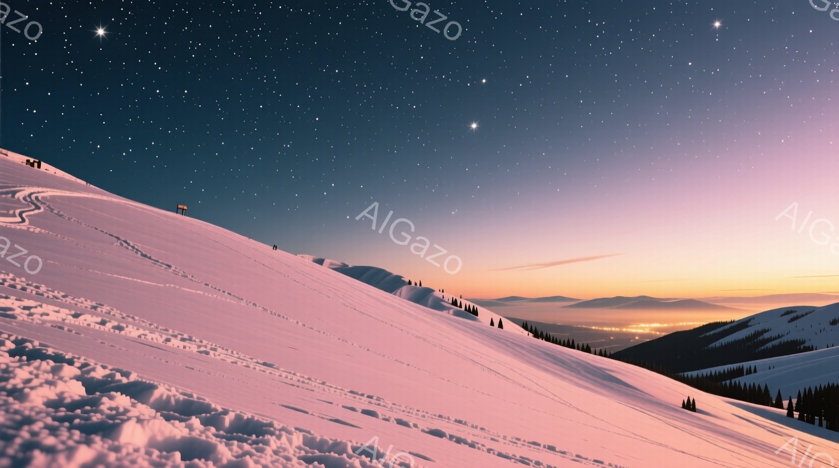 白銀に輝く雪山が広がり、斜面にはスキー場のゲレンデ跡が刻まれている。遠くには街の灯りがオレンジ色に輝き、雪山と夜空のグラデーションが美しいコントラストを生み出している。星が瞬く夜空は深く、静寂と幻想的な雰囲気を漂わせる。