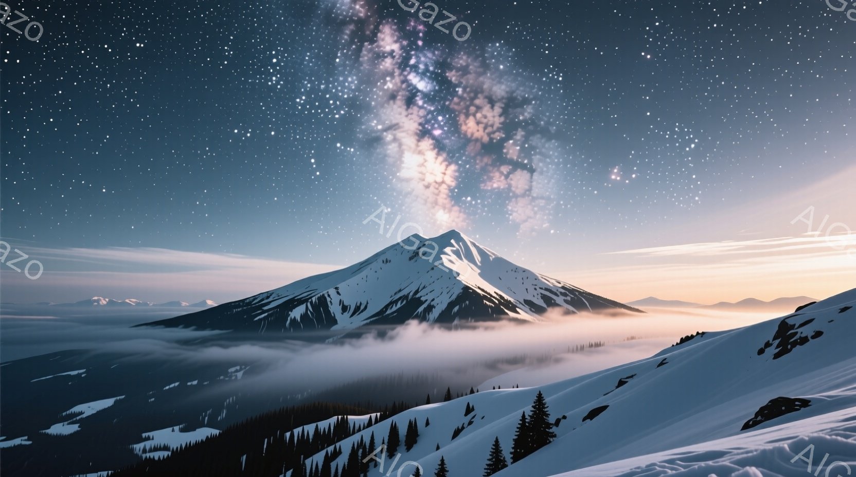 雪を頂いた山が雲海からそびえ立ち、星空がその頂上を照らしています。山の斜面は雪で覆われ、針葉樹林がその麓に広がっており、幻想的な雰囲気を作り出しています。空には天の川が流れ、静寂と壮大さを感じさせる景色です。