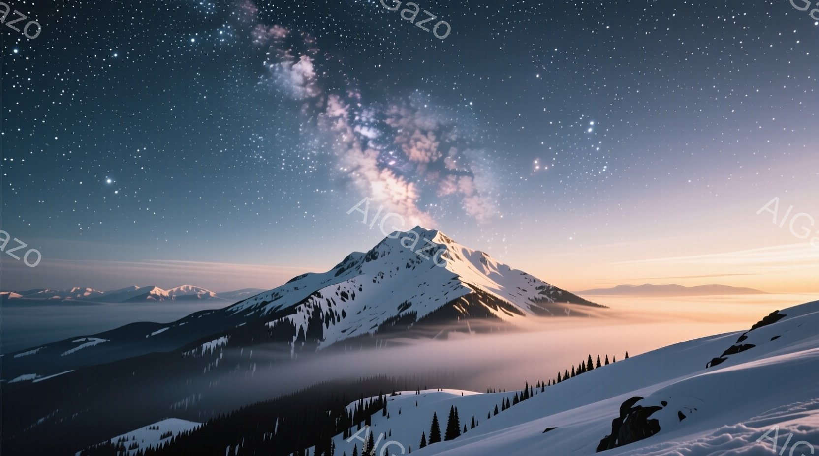 雪をまとった山々が連なり、その手前には雲海が広がっている。夜空には天の川が輝き、荘厳で幻想的な雰囲気を醸し出している。雪に覆われた山肌と、オレンジ色の雲海、そして星空のコントラストが美しく、静寂と神秘を感じさせる。