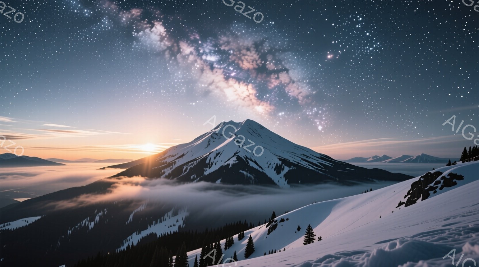 雪をまとった山々が連なり、その麓には雲海が広がっている。天頂には天の川が輝き、夕焼けのオレンジ色が雪山を照らし、幻想的な雰囲気を醸し出している。針葉樹林が斜面に点在し、冬の静寂と壮大さを感じさせる。