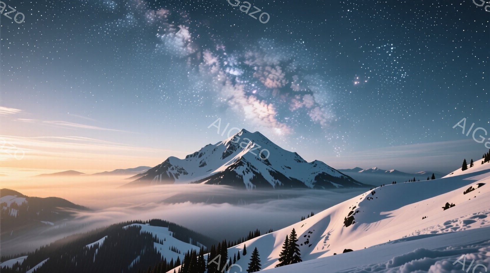 雪をまとった山々が、雲海からそびえ立ち、壮大な景色が広がっている。夜空には天の川が流れ、星々が輝き、幻想的な雰囲気を醸し出している。山肌には針葉樹林が点在し、雪の照り返しが美しいコントラストを生み出している。