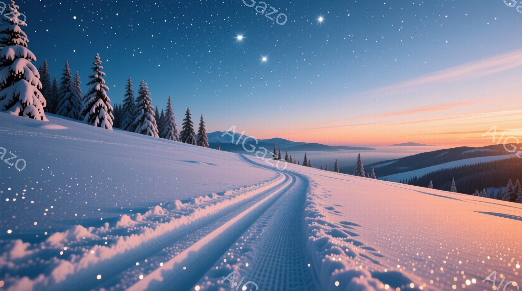 雪が降り積もった静かな冬の風景が広がっています。スキーヤーが作ったと思われる雪道が、遠くの山々へと続いており、夜空には星が輝いています。背景には薄紫からオレンジ色に染まる山並みが広がり、神秘的で穏やかな雰囲気を醸し出しています。