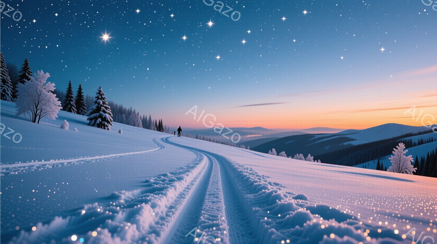 凍てつくような雪景色が広がり、遠くの丘陵が薄紫色の夕焼けに染まっている。雪道にはスキーヤーが一人、シルエットで描かれており、その背中には希望に満ちた静けさが漂っている。夜空には無数の星が輝き、幻想的な - AI生成フリー素材
