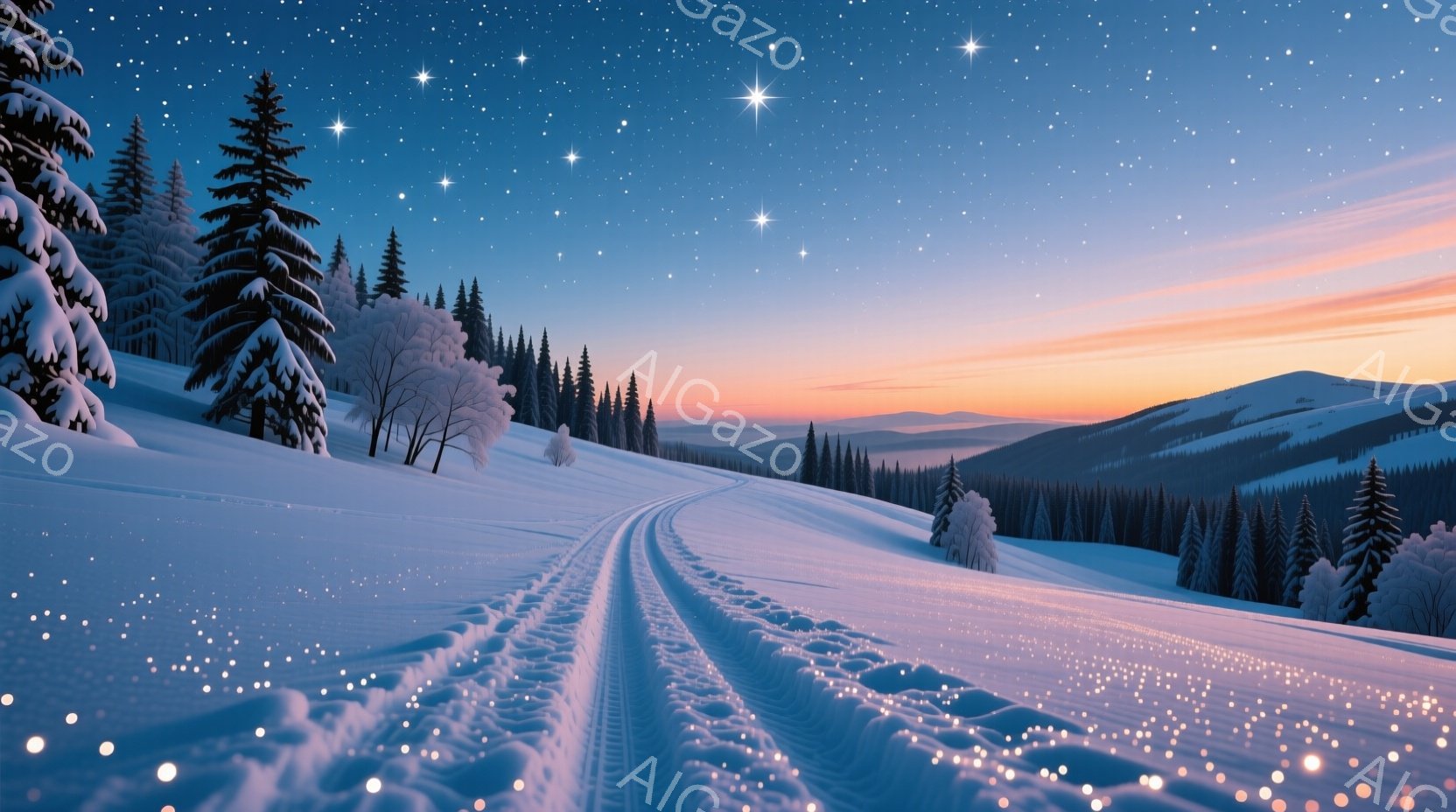 雪に覆われた丘陵地帯を、タイヤ痕が描かれた道が蜿蜒と走っている。背景には遠くの山々がシルエットで浮かび、空は夕暮れ時のオレンジと紫、そして無数の星で彩られている。全体的に静寂で幻想的な雰囲気が漂い、冬 - AI生成フリー素材