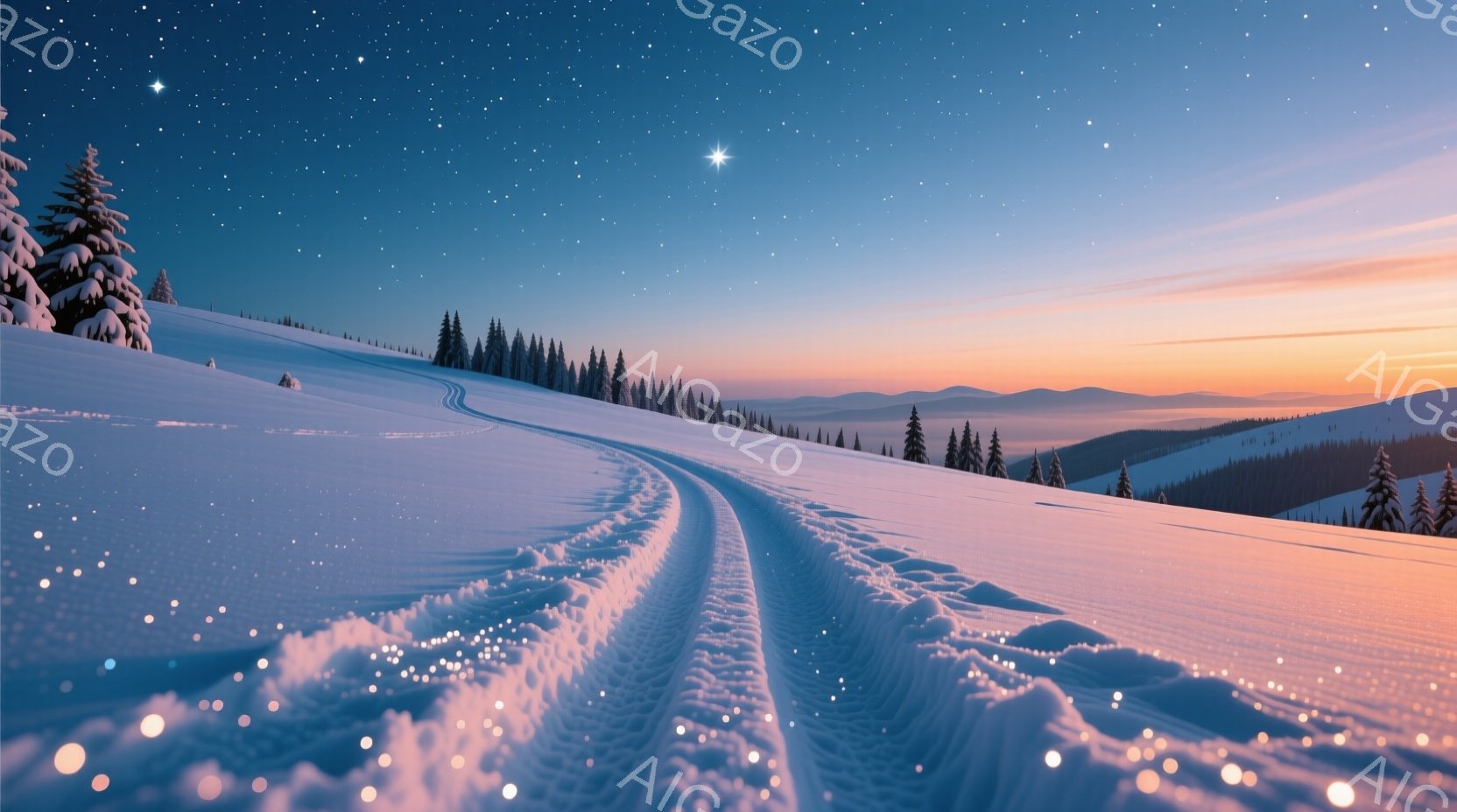 雪に覆われた丘陵地帯の風景で、深い轍が描かれた雪道が印象的だ。背景には針葉樹林が広がり、遠くにはうっすらと山並みが望め、夜空には星が輝いている。全体的に静寂で幻想的な雰囲気を醸し出し、冬の厳しさと美しさが共存している。