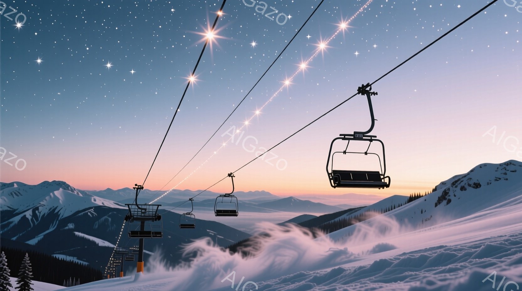 雪をまとった山々と、夕焼け空の下を滑るスキーリフトが印象的な画像です。リフトには人が乗っておらず、静寂と幻想的な雰囲気が漂っています。背景には、雪に覆われた針葉樹林と、薄紫色の空が広がり、まるで冬の童話のような美しい情景です。
