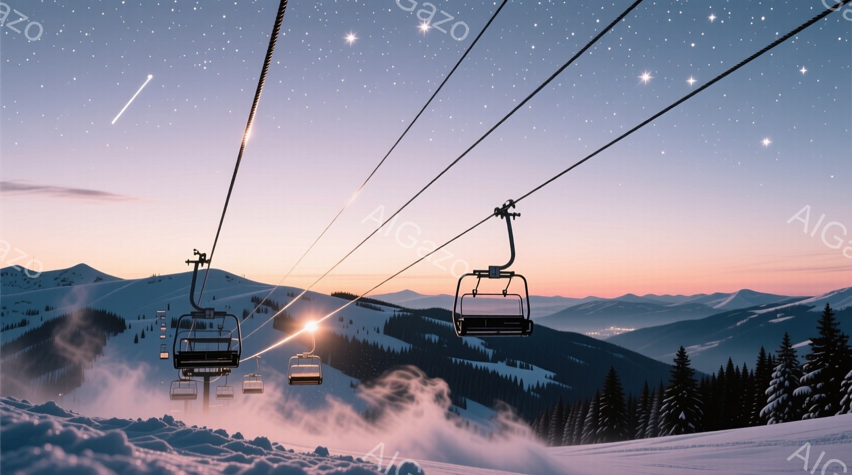 凍てつくような雪山を背景に、リフトが並んで運行している様子が描かれています。リフトには乗客はおらず、雪原には霧が立ち込め、遠くには山々が連なり、夕焼け空には星が輝いています。全体的に静かで幻想的な雰囲 - AI生成フリー素材