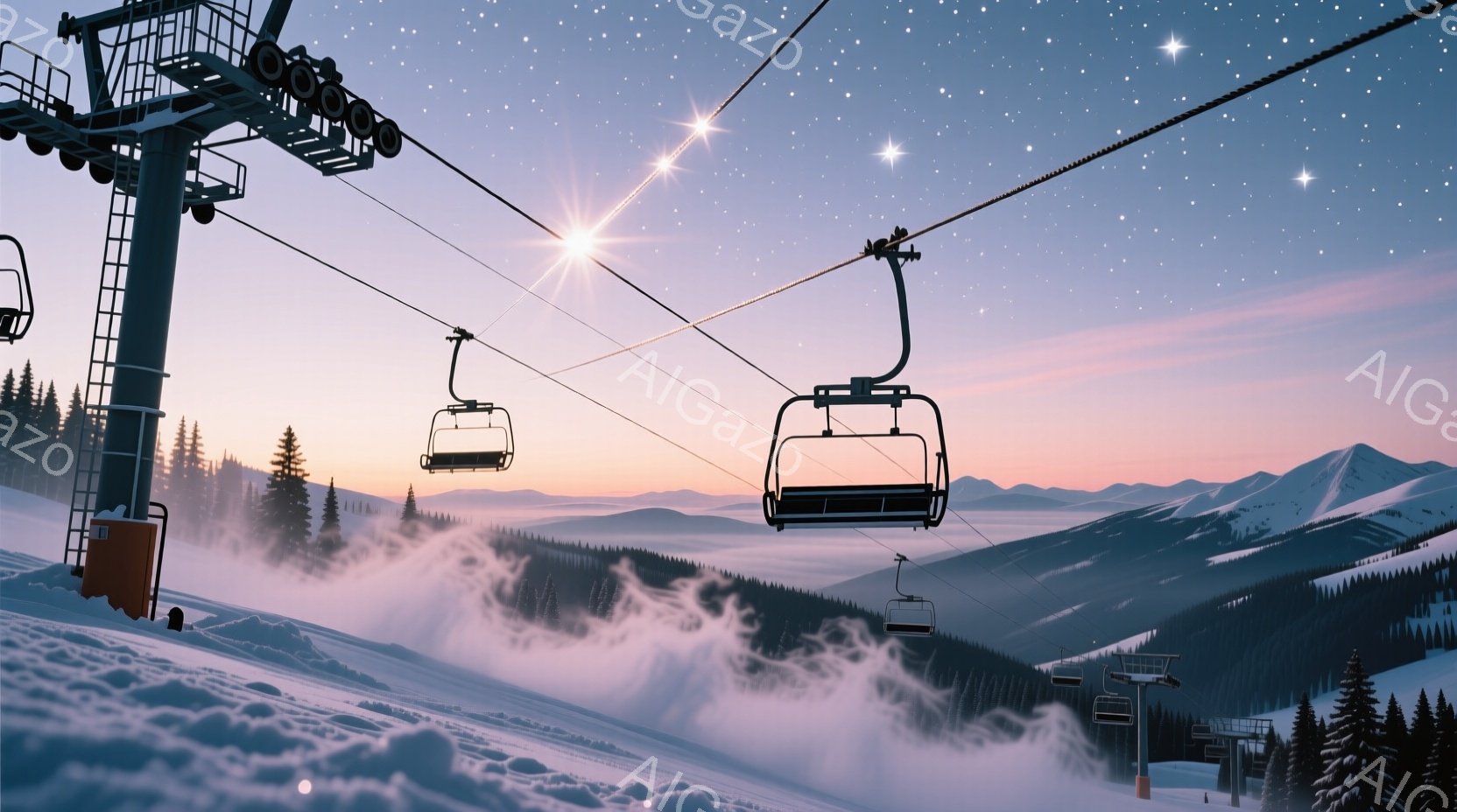 雪山を背景に、スキーリフトがいくつか並んで描かれています。朝焼けのようなピンクとオレンジ色の空が広がり、遠くの山々は雪で覆われ、幻想的な雰囲気を醸し出しています。木々が雪に覆われ、リフトの下には霧が立ち込めている様子が、冬の静寂と美しさを表現しています。