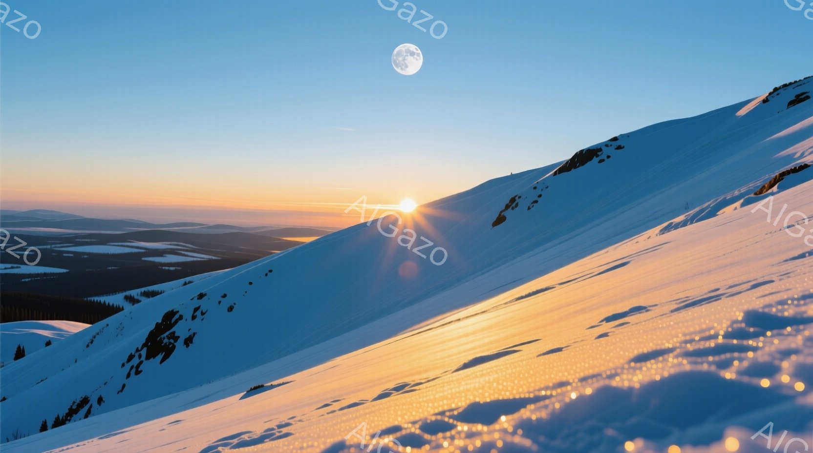 鮮やかな雪景色が広がり、なだらかな丘陵が夕焼けに照らされている。丘の斜面には、影が長く伸び、雪の質感と光のコントラストが美しい。遠くには山々が連なり、空には満月が輝き、静寂で幻想的な雰囲気を醸し出している。