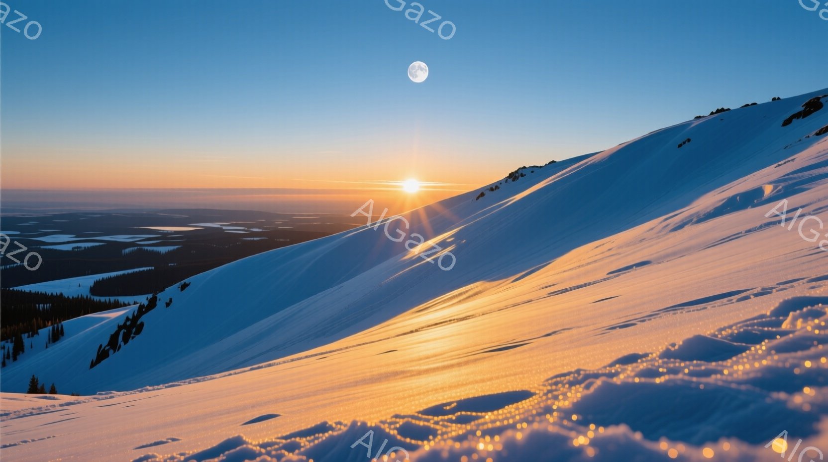 広大な雪景色が広がり、斜面にはスキーヤーが滑った跡が点在している。夕焼けの光が雪面をオレンジ色に染め上げ、遠くには森と氷った湖が連なっている。静寂の中に暖かな光が差し込み、穏やかで平和な雰囲気が漂って - AI生成フリー素材