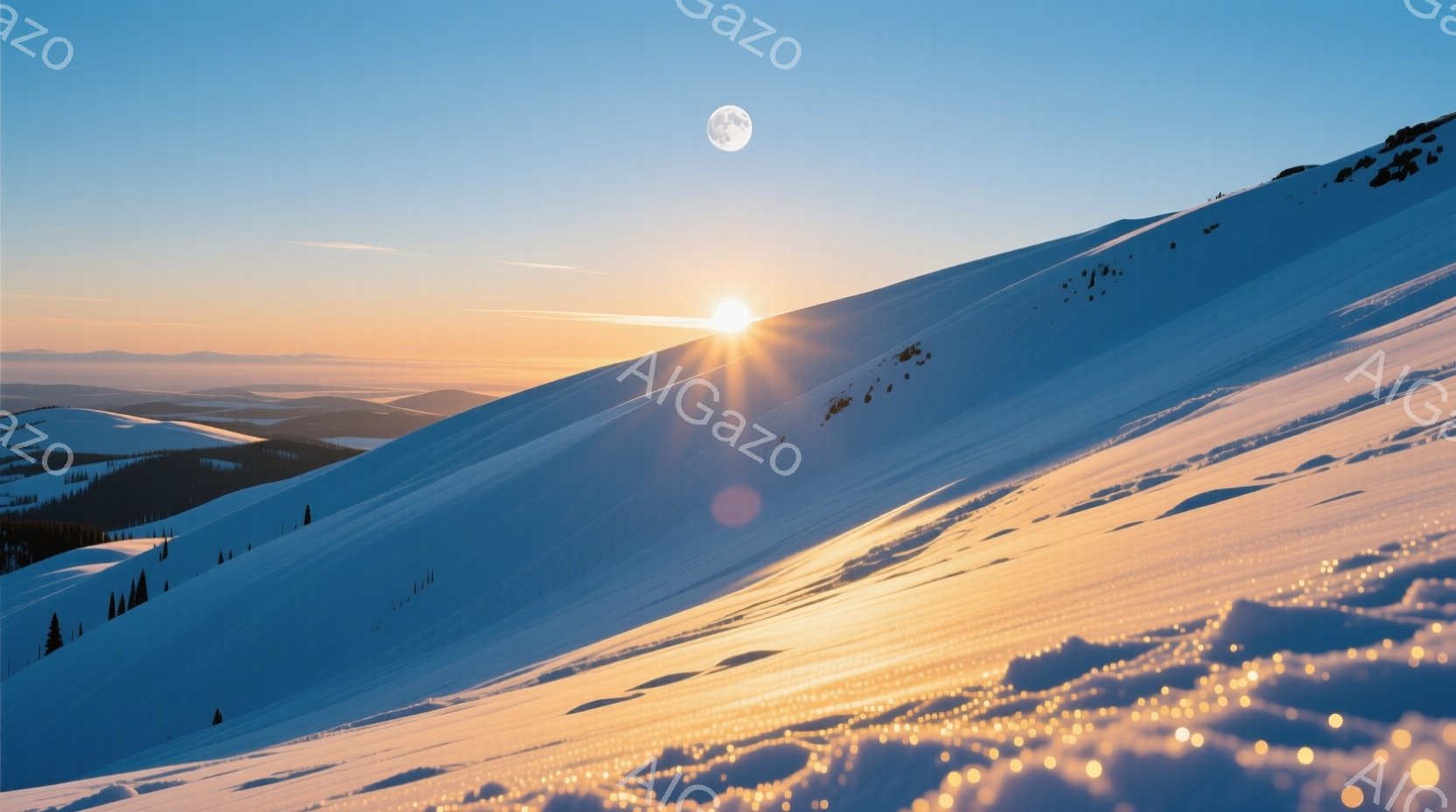 雪に覆われた山が、夕焼けと満月の光に照らされています。山肌には長い影が伸び、雪の質感と光の反射が美しく表現されています。全体的に静寂で幻想的な雰囲気が漂い、冬の自然の厳かさと美しさが感じられます。