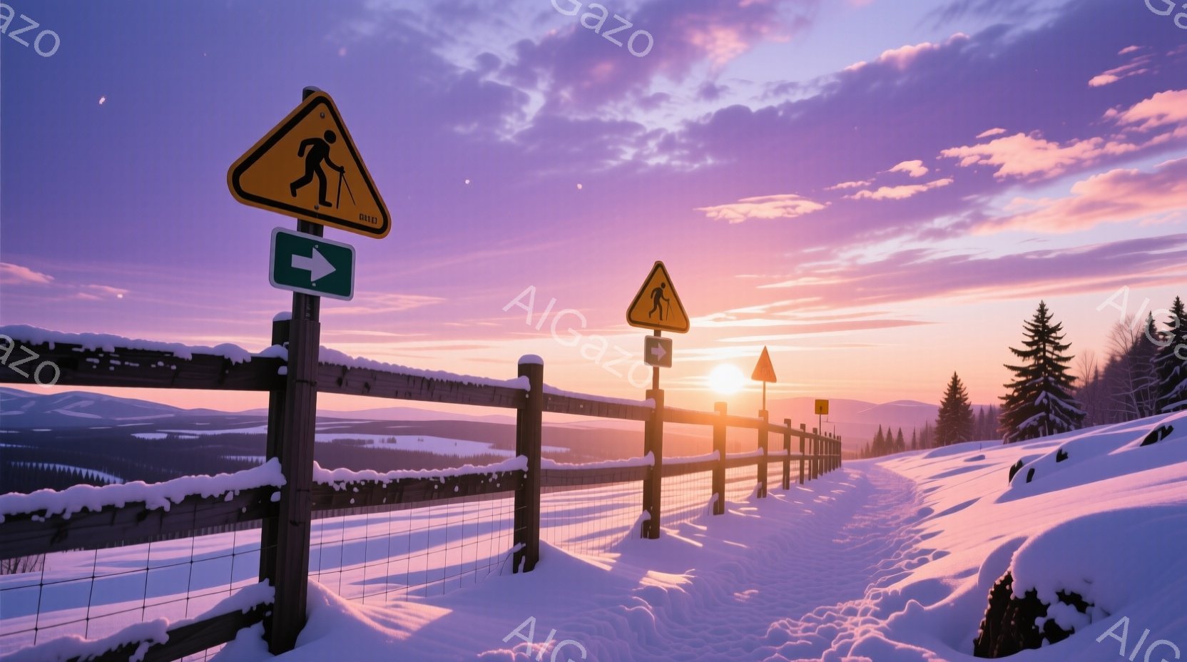 雪に覆われた丘陵地帯を、木製の柵が横切る風景が広がっている。夕焼けの名残が空を茜色に染め、遠くの山々をシルエットで浮かび上がらせ、穏やかで静寂な雰囲気を醸し出している。雪道にはスキーヤーの足跡が残り、冬の自然を満喫できるような、平和で美しい光景である。