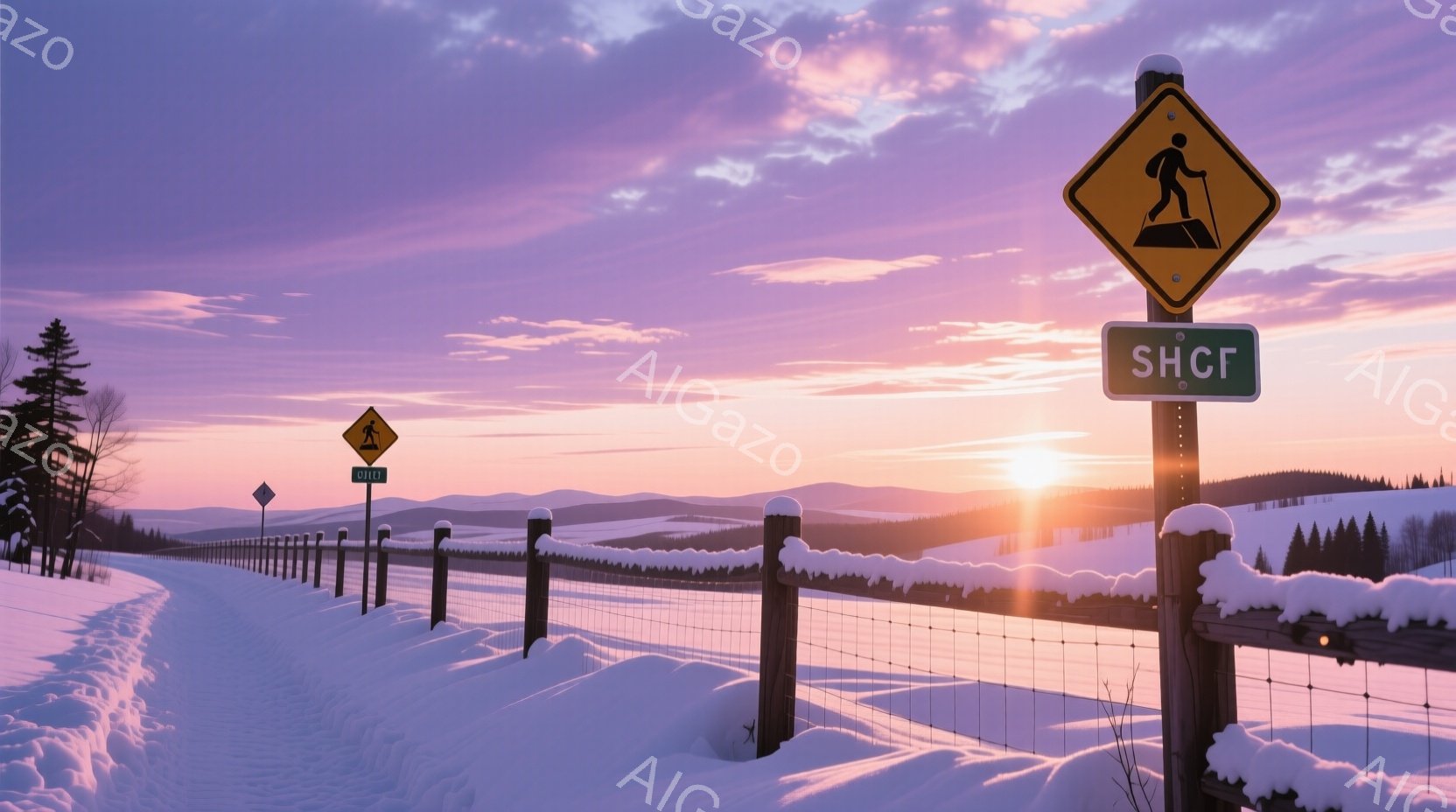 雪に覆われた田園風景が広がり、夕焼けが空を鮮やかなピンクとオレンジ色に染めている。道路脇には、歩行者注意の標識が並び、雪原には車輪の跡が残っている。穏やかで静寂な冬の雰囲気が漂い、遠くの丘陵も雪に覆わ - AI生成フリー素材