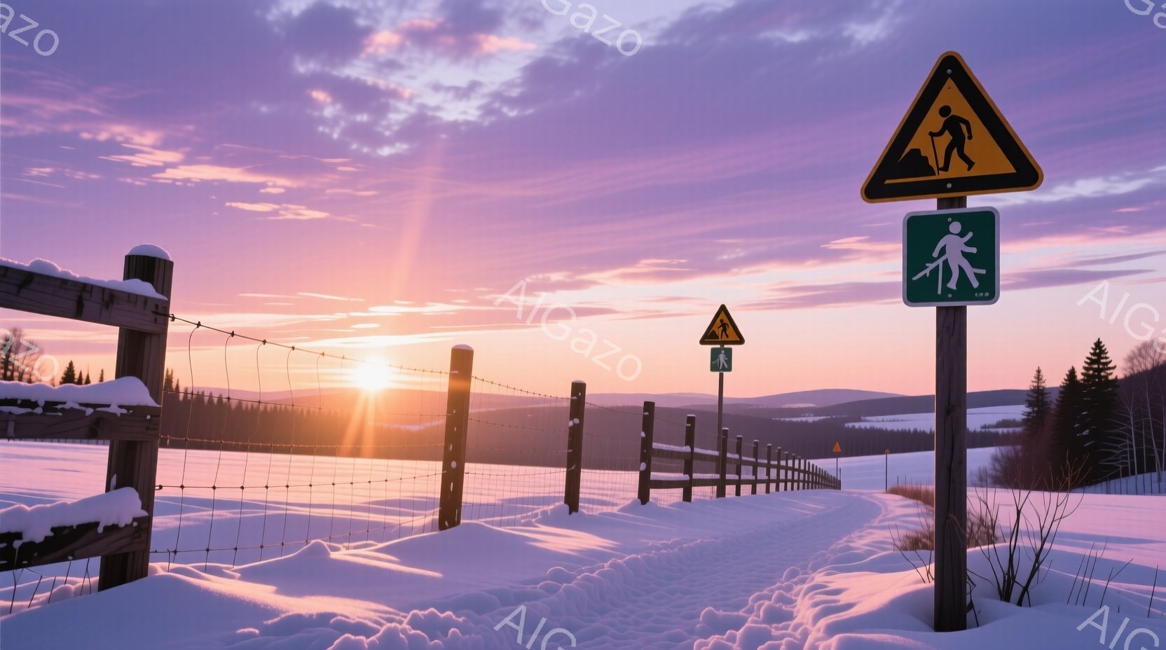 雪に覆われた風景が広がり、日没時の空がピンクとオレンジの色合いで輝いている。木製の柵と警告標識（ハイキングコースを示すもの）が雪原に並び、遠景には暗い緑色の針葉樹林が連なっている。穏やかで静寂な雰囲気で、冬の自然の美しさを表現している。