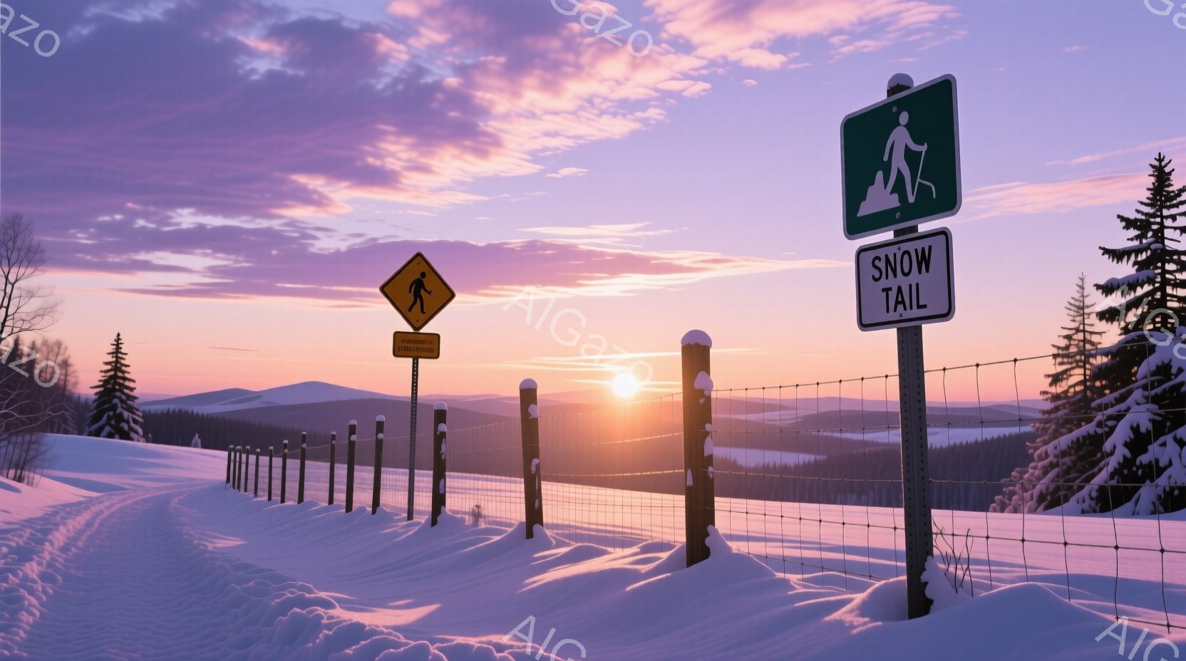 白い雪に覆われた風景が広がり、遠くには山々が連なっている。柵に沿って雪が積もり、日の出または日の入りを思わせるオレンジとピンクの美しい空が広がっている。ハイキングコースを示す標識が2本立っており、静かで穏やかな冬の雰囲気を醸し出している。