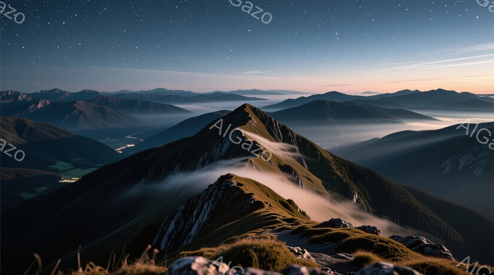 険しい山々が連なり、その峰々は霧に包まれている。山肌にはわずかに雪が残り、緑豊かな斜面と対照的である。夜空には星が輝き、静かで神秘的な雰囲気を醸し出している。