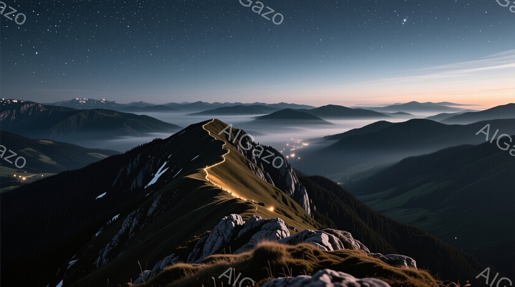 夜空には星が輝き、険しい山々が連なっている。山の斜面には光る道が続き、霧に包まれた谷間と山並みが幻想的な雰囲気を醸し出している。暗い山肌と光のコントラストが、神秘的で壮大な自然の美しさを際立たせている。