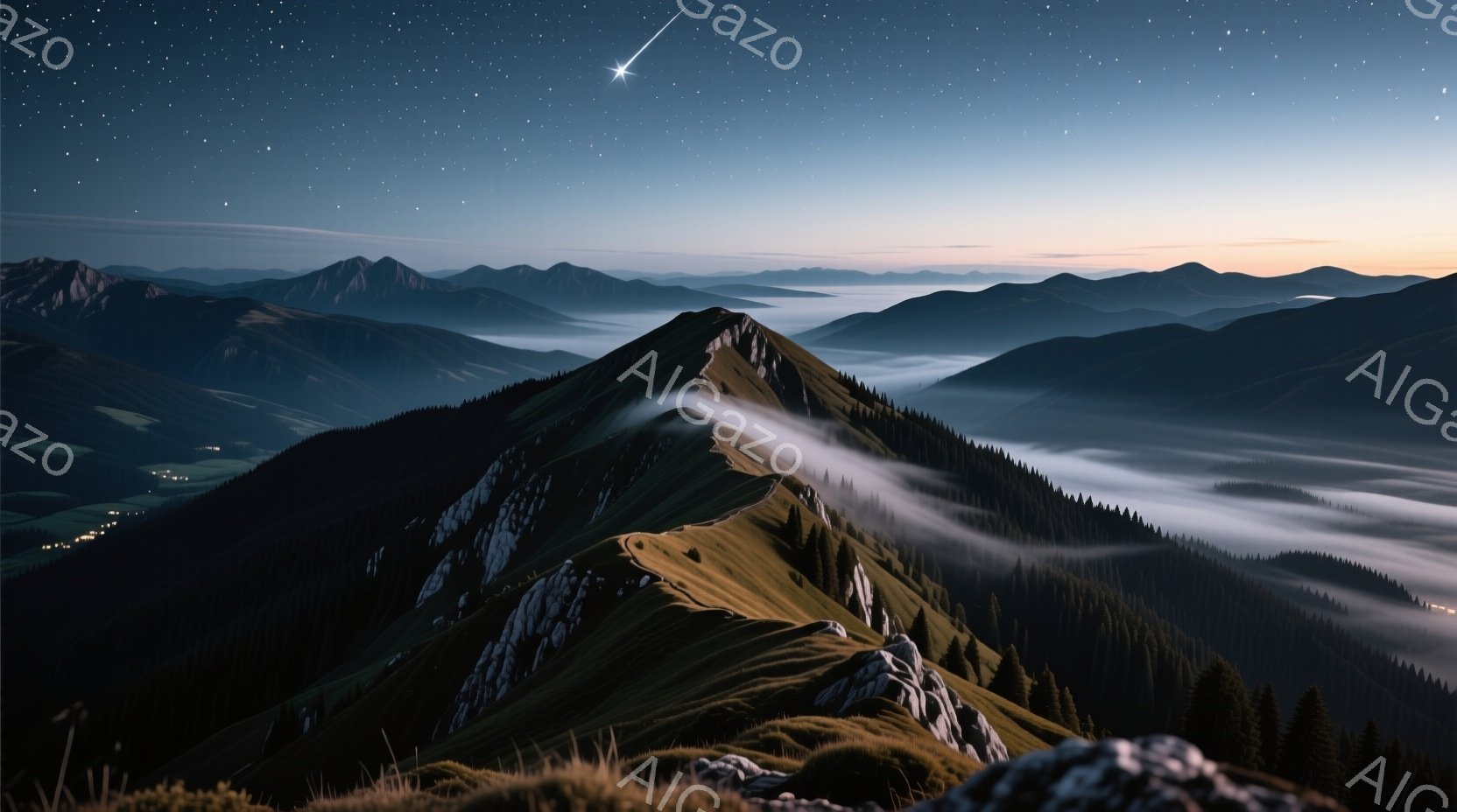 険しい山々が連なり、深い霧が谷間を覆っている風景です。山の斜面は緑豊かな草地と岩肌が混在し、一部には雪が残っています。夜空には星が輝き、彗星のような光跡が空を横切る幻想的な光景が広がっています。