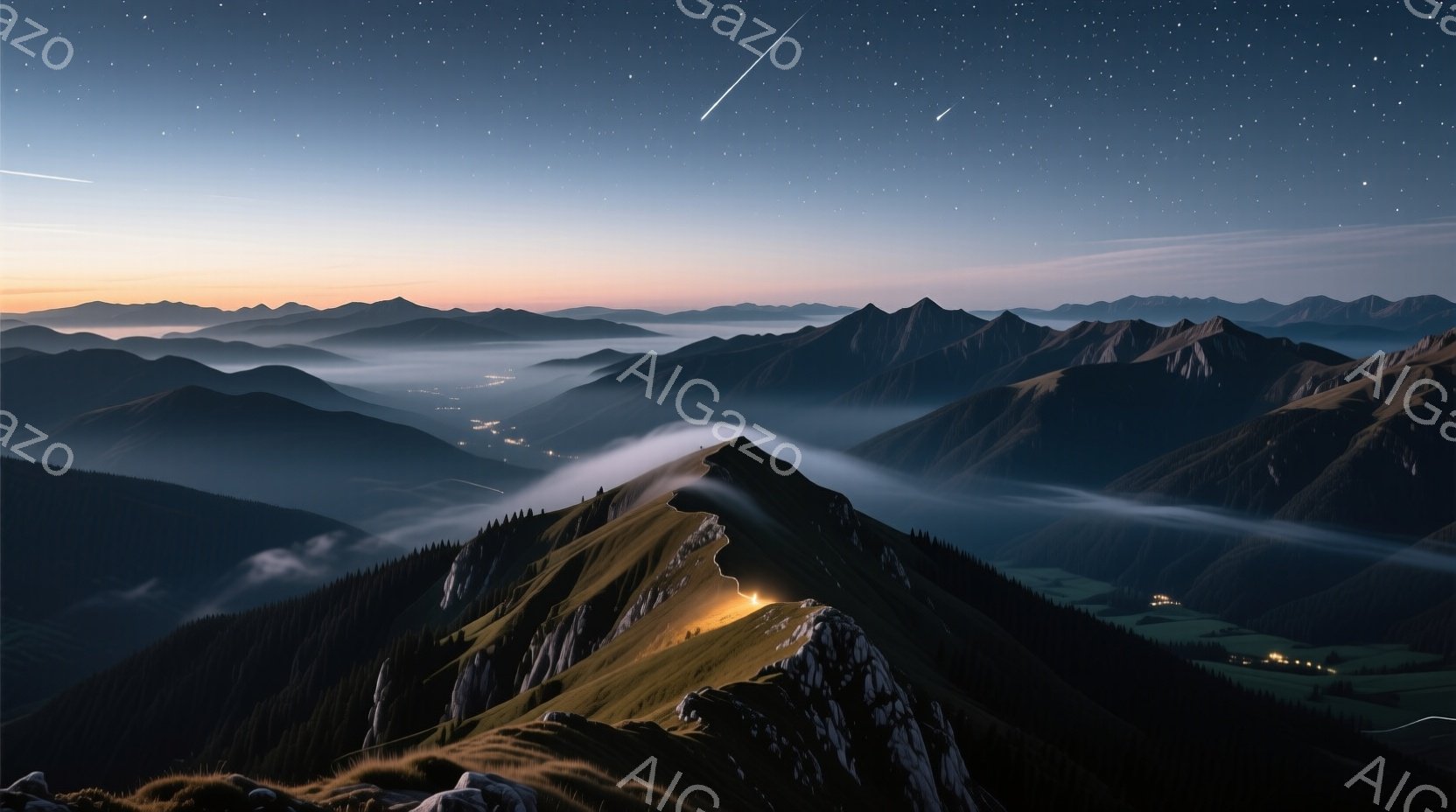 雲海に浮かぶ山々の稜線が壮観な景色を繰り広げています。夕暮れ時の薄明かりが山肌を照らし、雲海と空のグラデーションが美しいコントラストを生み出しています。遠くに見える街の灯りが、静寂な自然の中に温かみを添えています。