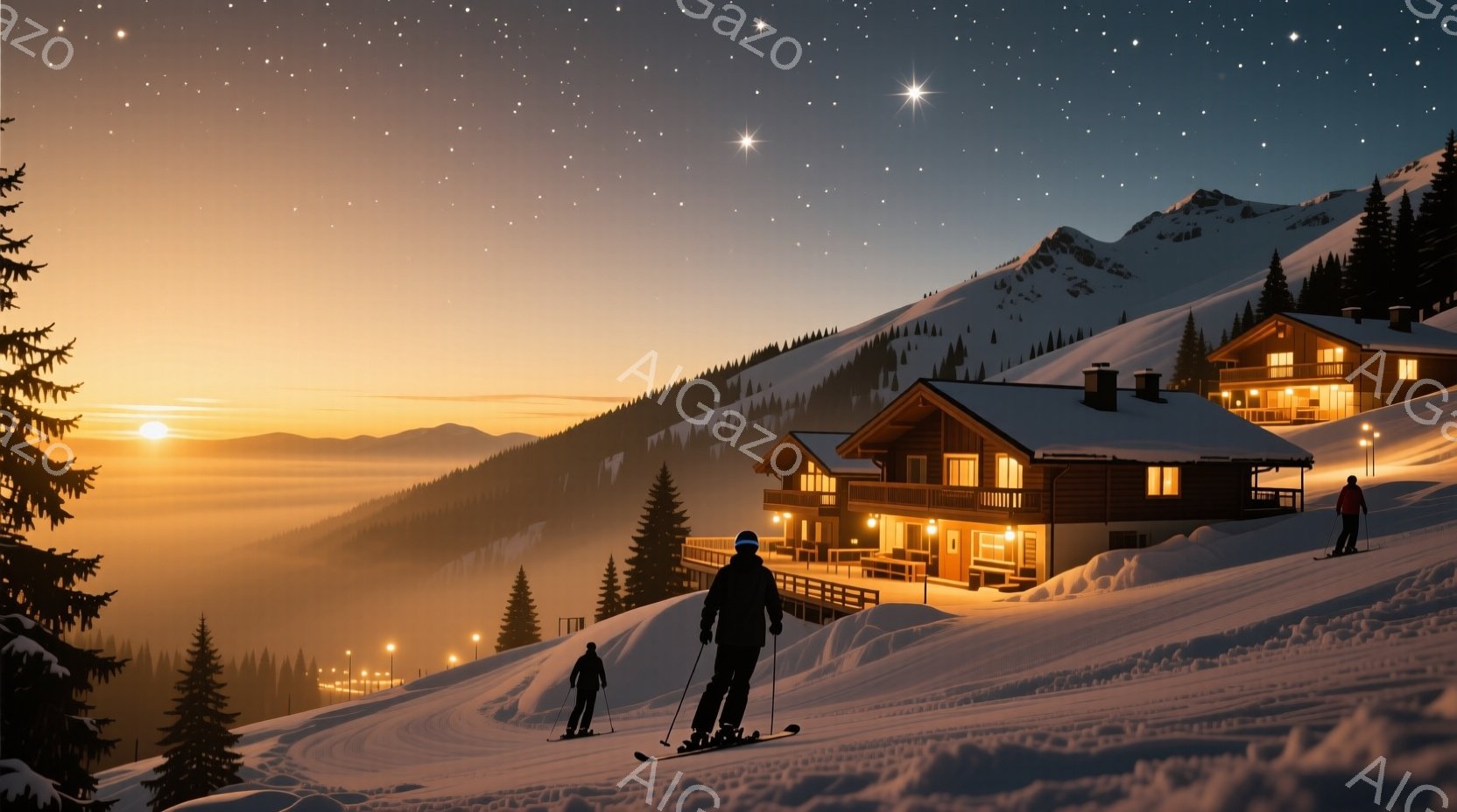 雪に覆われた山々を背景に、スキーヤーたちが滑走している様子が描かれています。彼らは黒いスキーウェアとヘルメットを着用し、夕焼けに照らされた雪原を滑り降りています。背景には、ライトアップされた木造の建物 - AI生成フリー素材