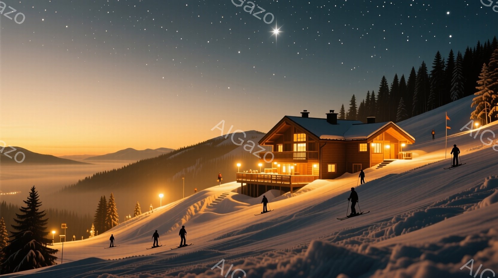雪山をスキーヤーたちが滑走している様子が描かれています。彼らは黒いスキーウェアを着用し、姿勢は滑走に適した前傾姿勢です。背景には、ライトアップされた木造の建物と、夕焼けに照らされた雪山が広がり、冬の静 - AI生成フリー素材