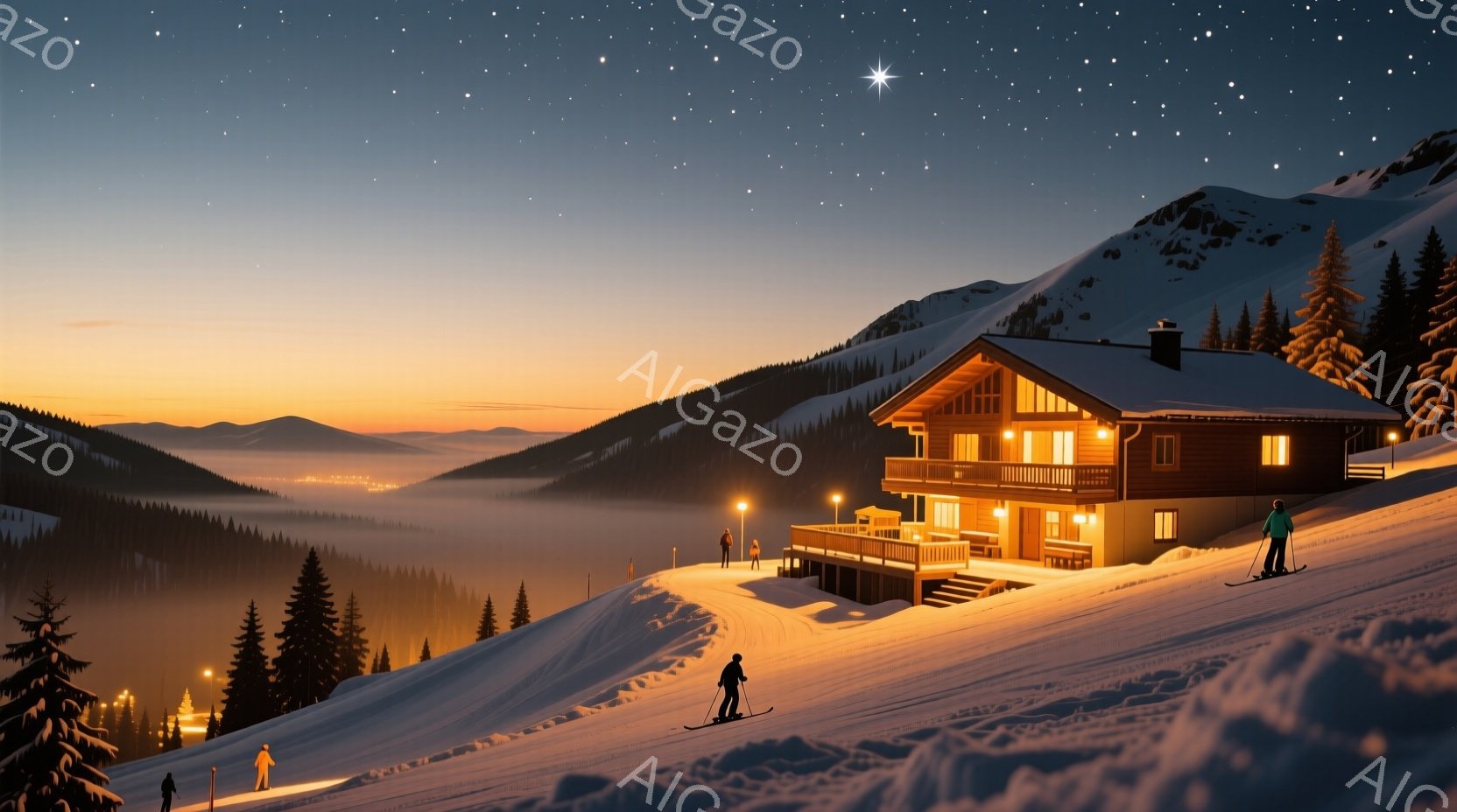 雪深い山中に、暖かく光る木造の家が建っており、数人のスキーヤーが斜面を滑走している。スキーヤーたちは防寒着を着用し、遠くの街の光を背景に、リラックスした雰囲気でスキーを楽しんでいるようだ。周囲は針葉樹林に覆われ、夜空には星が輝き、静かで穏やかな冬の情景が広がっている。
