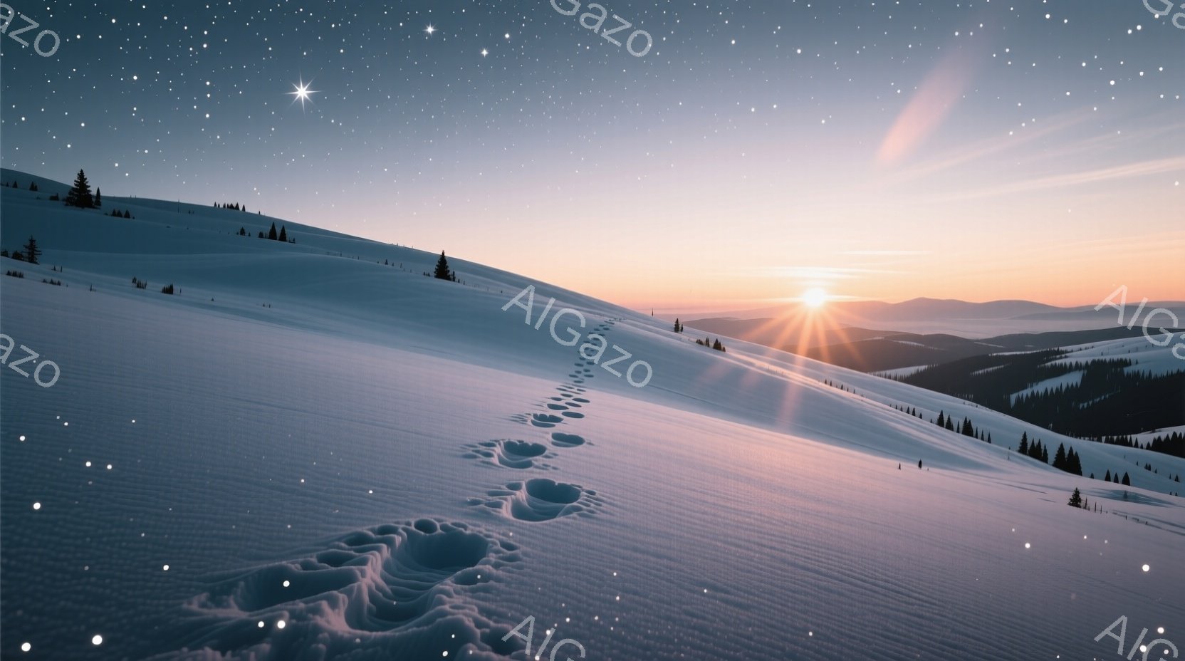 雪に覆われた丘陵地帯が広がり、足跡が雪面に点々と続いています。夕焼けのオレンジ色の光が雪原を照らし、遠くの山々を淡い色で染め上げており、夜空には星が輝いています。静寂で幻想的な雰囲気が漂い、冬の自然の美しさが際立っています。
