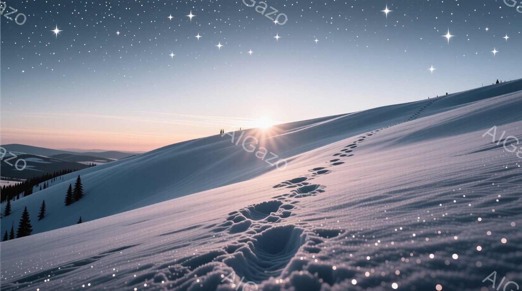 凍てつくような雪景色が広がり、なだらかな丘陵地帯に足跡が点々と続く。朝焼けか夕焼けの光が雪面に反射し、穏やかで静謐な雰囲気を醸し出している。遠くには針葉樹の森が見え、澄んだ空気と白い雪が織りなす美しい冬の風景である。