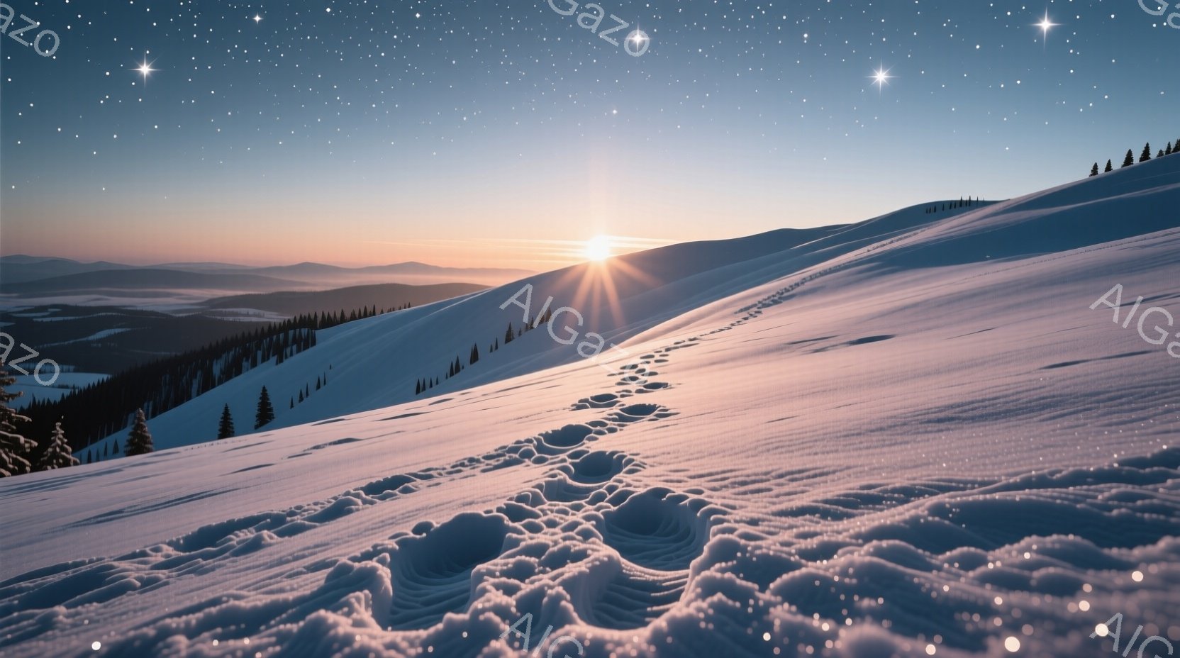 雪に覆われた丘陵地帯が広がり、遠くには山々が連なっている。雪面には誰かの足跡が深く残り、まるで物語を語っているかのようだ。空は夕焼けの色合いで彩られ、静かで穏やかな雰囲気を醸し出している。 - AI生成フリー素材