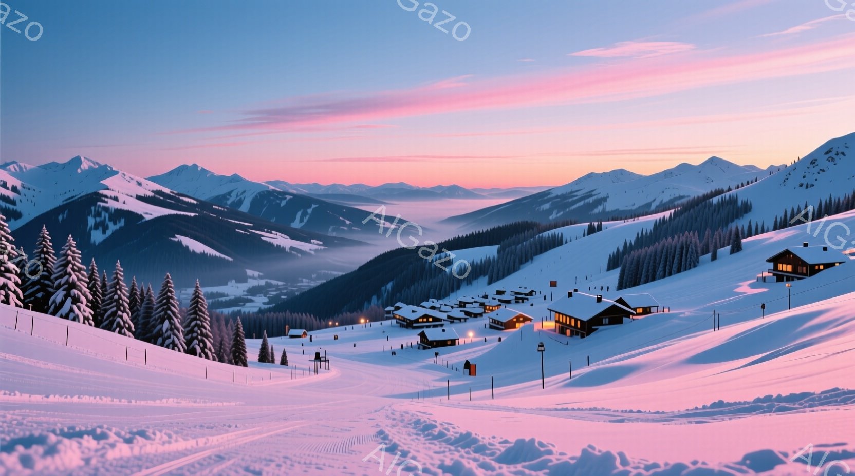 雪に覆われた山々が連なり、麓には可愛らしい木造の家々が点在している風景です。朝焼けのピンクとオレンジ色が空と雪山を染め上げ、幻想的な雰囲気を醸し出しています。雪原にはスキー場のゲレンデが見られ、静寂の - AI生成フリー素材