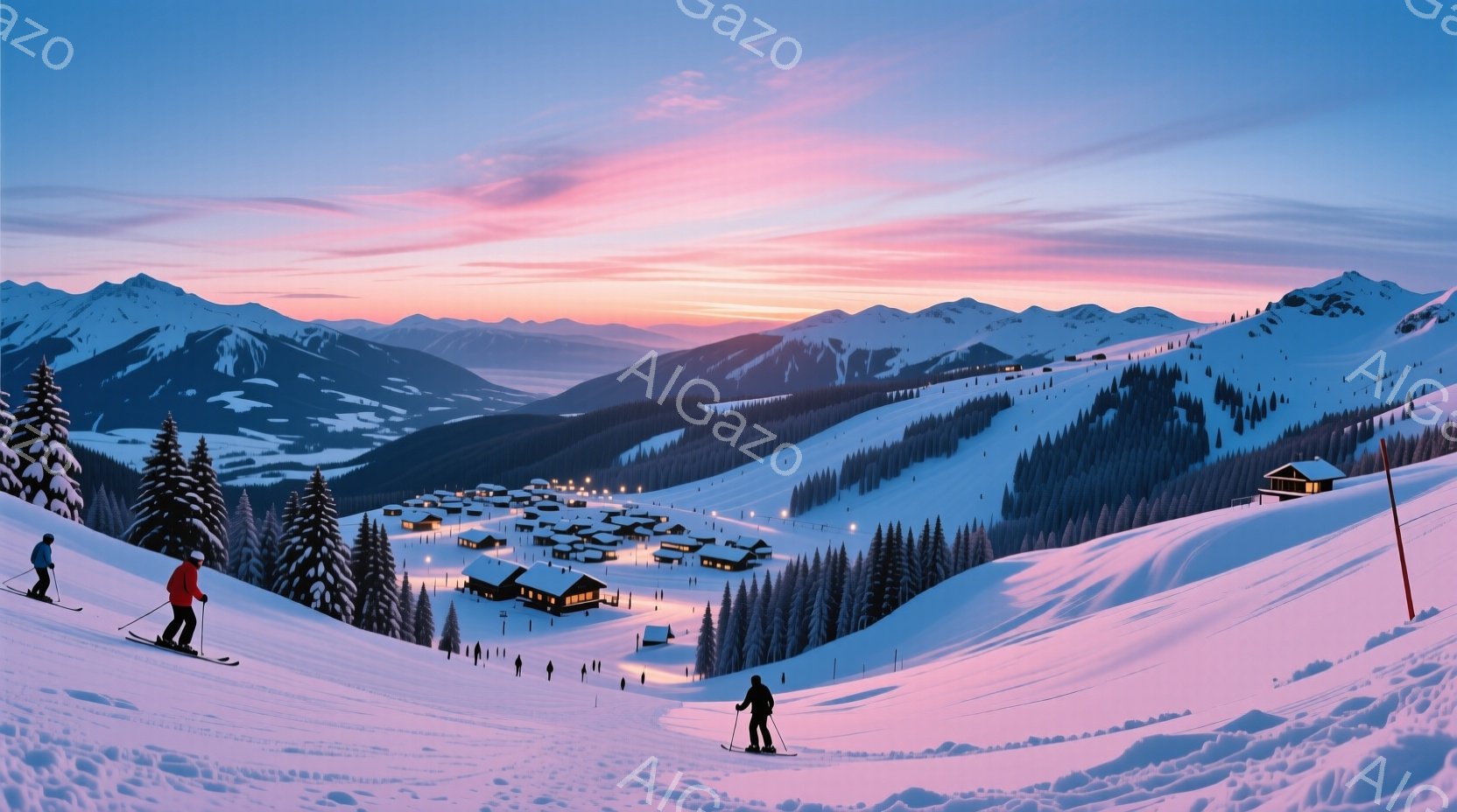 雪に覆われた山々が連なり、麓には小さな村が広がる冬の風景です。スキーヤーたちが斜面を滑り降りており、鮮やかな赤と黒のスキーウェアを身につけています。夕焼け空がピンクとオレンジ色に染まり、静かで穏やかな - AI生成フリー素材
