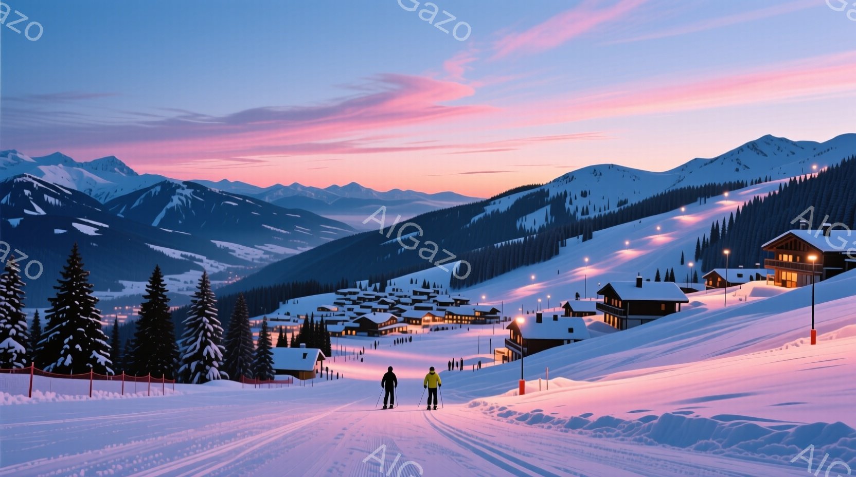 雪に覆われた山々と、麓に広がる可愛らしい村が印象的な風景です。スキーヤーが一人、整えられたゲレンデを滑走しており、暖かい服装で冬の寒さをしのいでいます。夕焼け空がピンクと紫に染まり、静かで穏やかな冬の - AI生成フリー素材