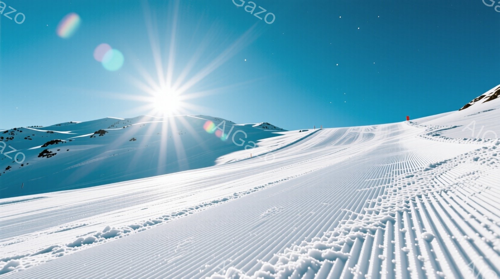 白く輝くスキーコースが写っており、整地された雪面に平行なトラックが規則的に並んでいる。背景には雪をまとった山々が広がり、強い日差しが雪原を照らし出している。空は晴れ渡り、冬の爽やかな空気感と静寂が感じられる。