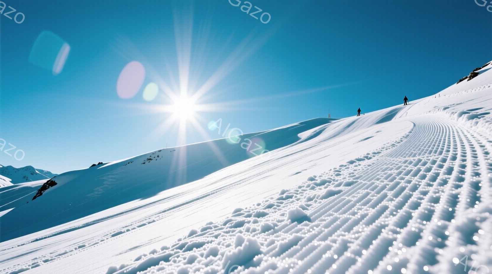 広大な雪山が広がり、整地されたスキーコースには、細かい雪の溝が規則的に並んでいる。遠くにはスキーヤーが二人、スキー板を装着して斜面を滑り降りており、鮮やかな青空と太陽の光が反射してキラキラと輝いている。全体的に爽やかで、冬のスキーを楽しめる活気ある雰囲気が伝わってくる。