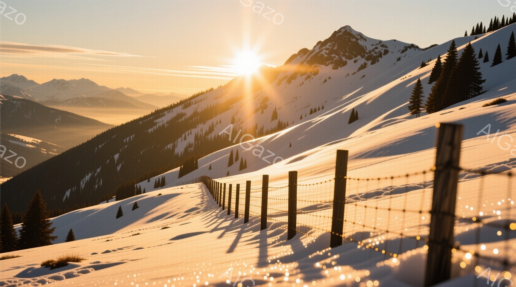 雪に覆われた山々が連なり、朝日の光が強く輝いている。柵が雪原を横切り、遠くには霞んだ山並みが広がっている。全体的に静かで穏やかな、冬の自然の美しさを感じさせる風景である。