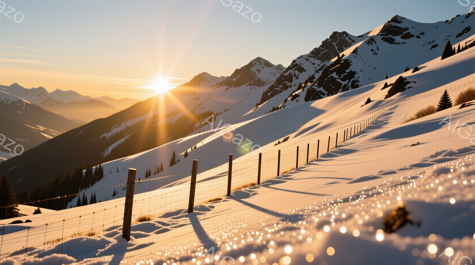 白い雪に覆われた山々が連なり、遠くには太陽が輝いている。斜面には雪に覆われたフェンスが走り、雪の反射がキラキラと輝いている。全体的に静かで穏やかな冬の風景であり、清々しい空気を感じさせる。