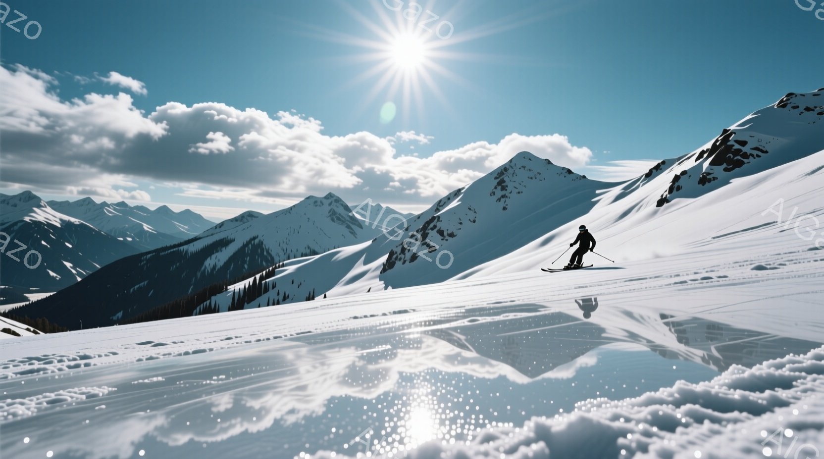 雪山の斜面をスキーヤーが滑走している様子が捉えられています。スキーヤーは黒いスキーウェアとヘルメットを着用し、雪面に対してやや前傾姿勢で滑っています。背景には雪を頂いた山々が連なり、晴天の下、雪面には - AI生成フリー素材