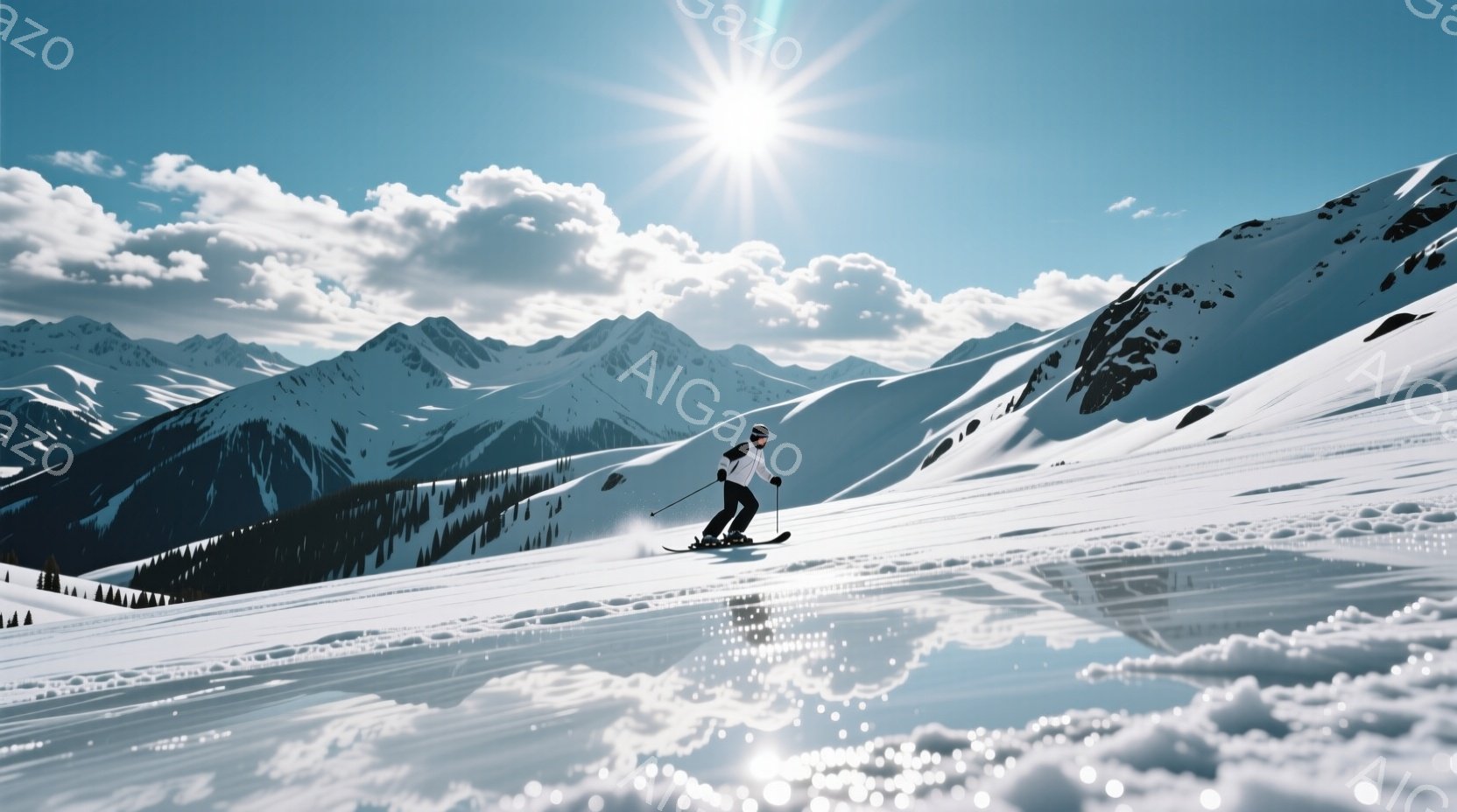 雪山をスキーヤーが滑走している様子が捉えられた写真です。黒いスキーウェアとヘルメットを着用し、集中した表情で斜面を下っています。背景には雪を抱いた山々が連なり、晴天の下、眩しい太陽光が降り注ぎ、冬の爽 - AI生成フリー素材
