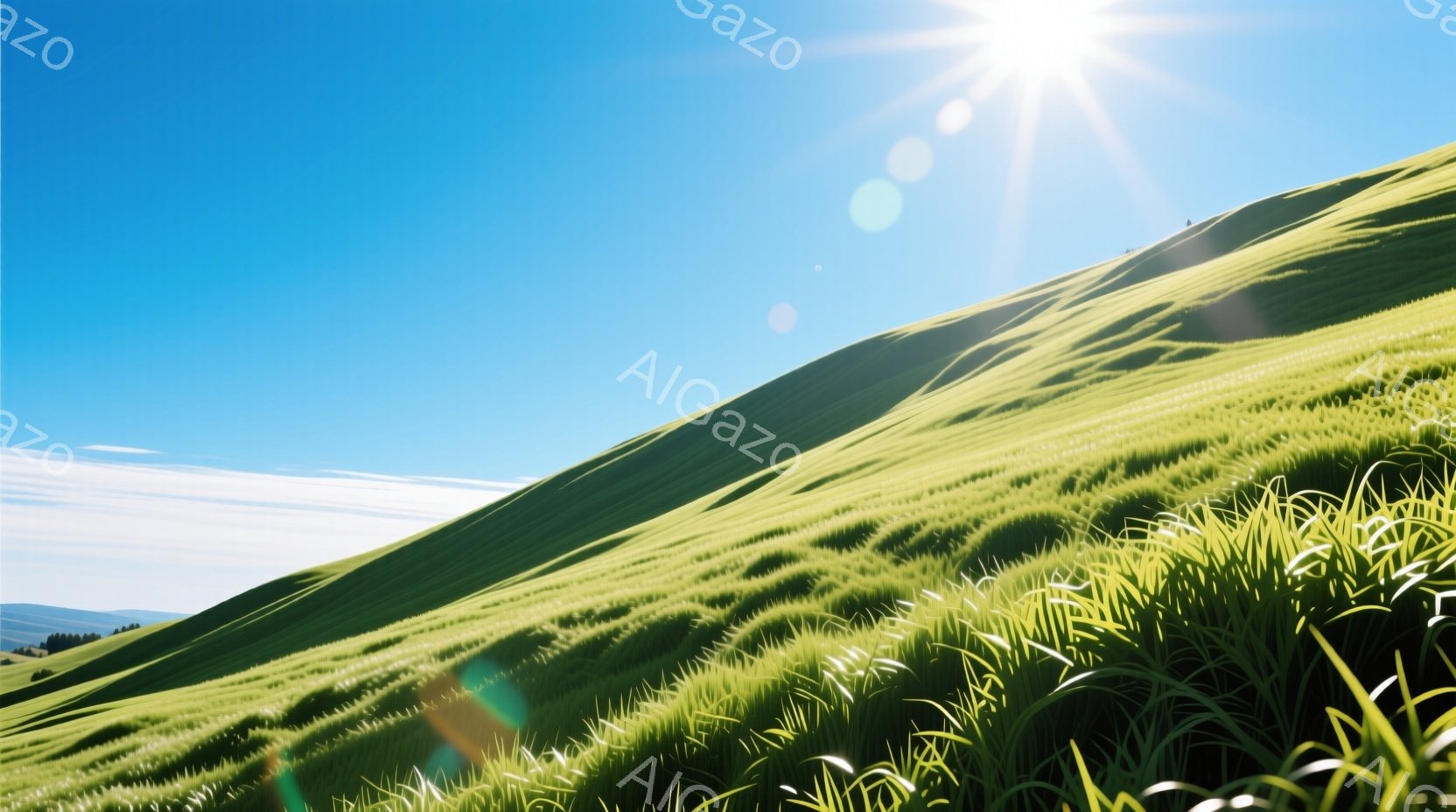 広大な緑の丘が写真全体を占めており、日の光を浴びて鮮やかに輝いている。青空には白い雲が浮かび、遠くにはぼんやりと山々が見える穏やかな風景だ。草の質感や光の反射が美しく、爽やかで平和な雰囲気を醸し出している。