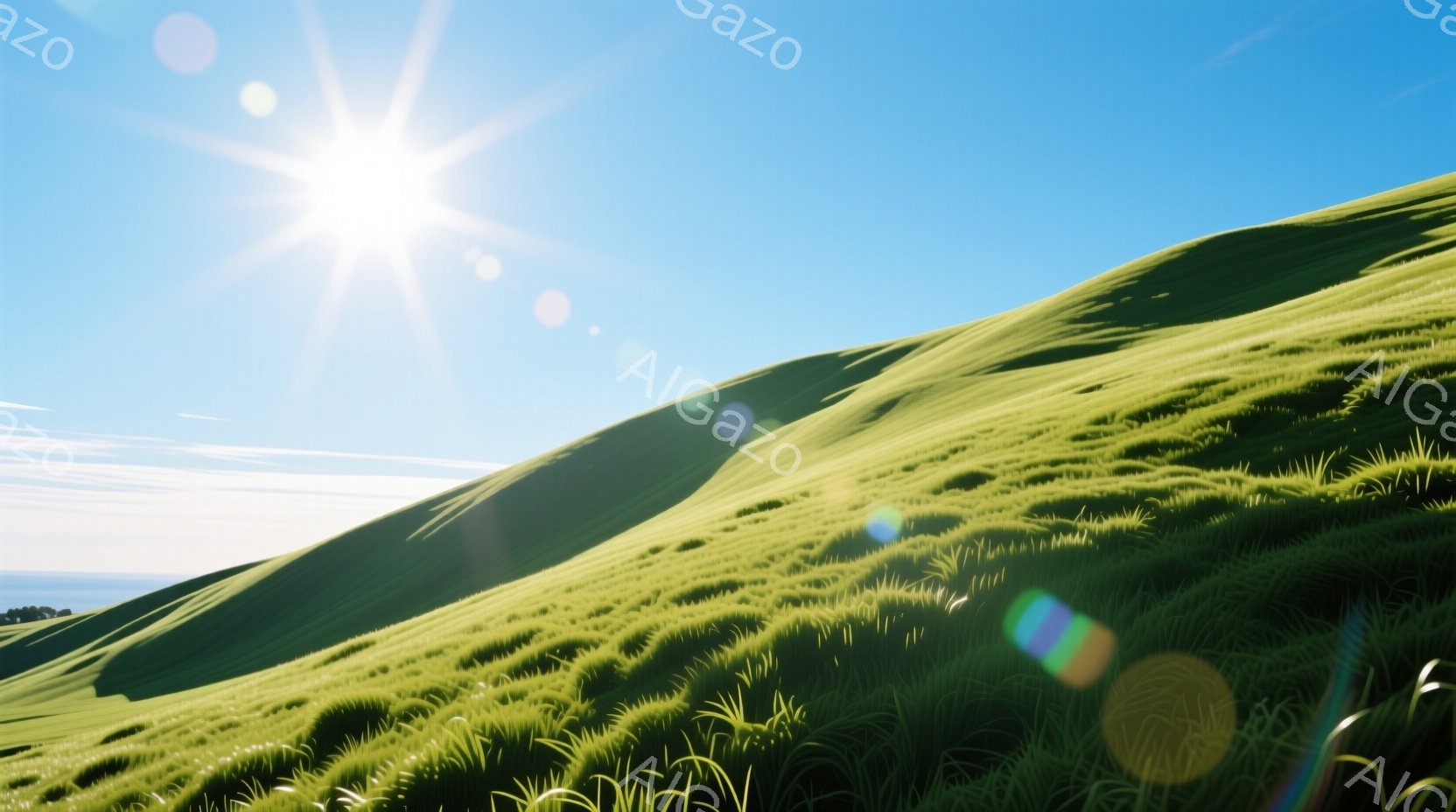 広大な緑の丘が広がり、太陽の光が強く降り注いでいます。丘には背の高い草が生い茂り、風になびいている様子が伺えます。空は晴れ渡り、穏やかで平和な雰囲気が漂っています。