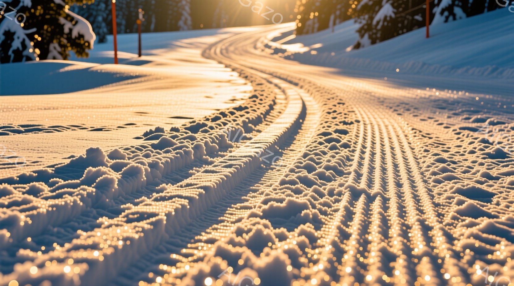 雪に覆われたスキーコースが、太陽の光を受けてキラキラと輝いている。コースにはスキーやスノーボードの軌跡が深く刻まれ、冬の活気が感じられる。背景には雪をまとった木々が立ち並び、穏やかで静謐な冬の風景が広 - AI生成フリー素材