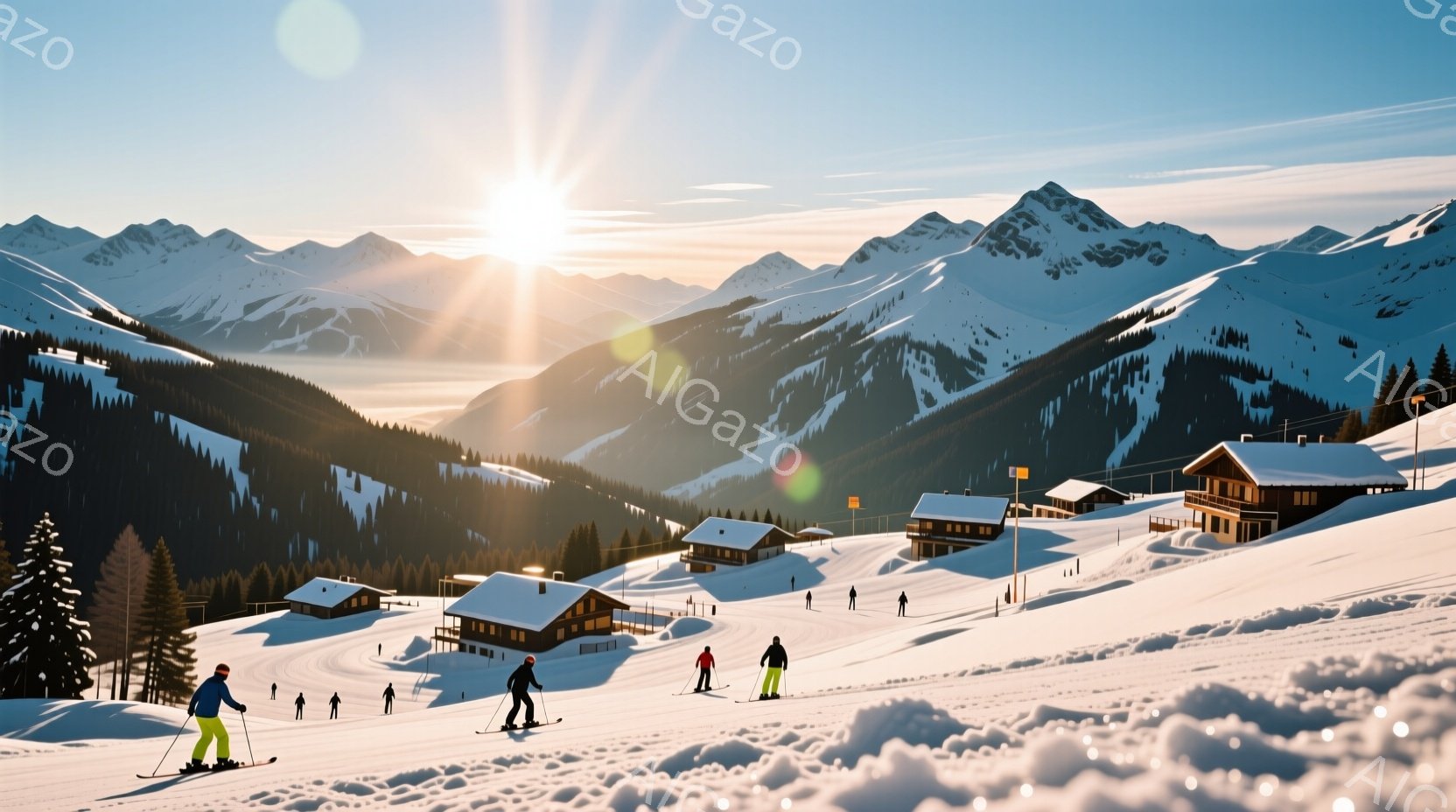 晴れた冬の日、雪山を背景にスキーヤーたちが滑走している様子が描かれています。彼らはカラフルなスキーウェアを身に着け、楽しそうに斜面を降りています。遠景には、可愛らしい木造の建物が点在し、針葉樹林と雪に覆われた山々が壮大な景色を作り出しています。