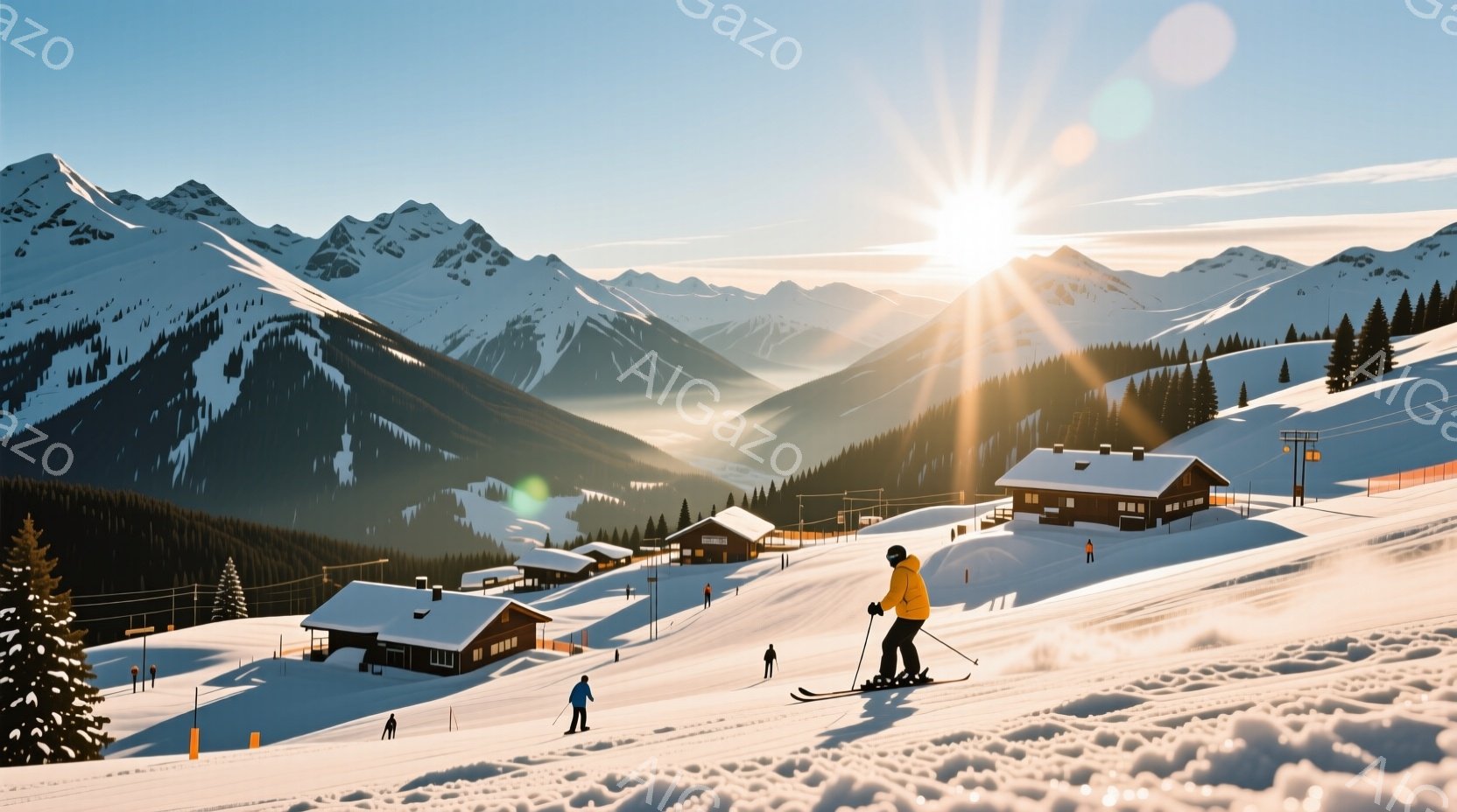 雪山を背景に、黄色いスキーウェアを着たスキーヤーが滑走している。背景には、雪を頂いた山々と、可愛らしい木造の建物が点在し、晴天の下、太陽の光が降り注いでいる。全体的に暖かく、開放的な冬の風景が広がっている。